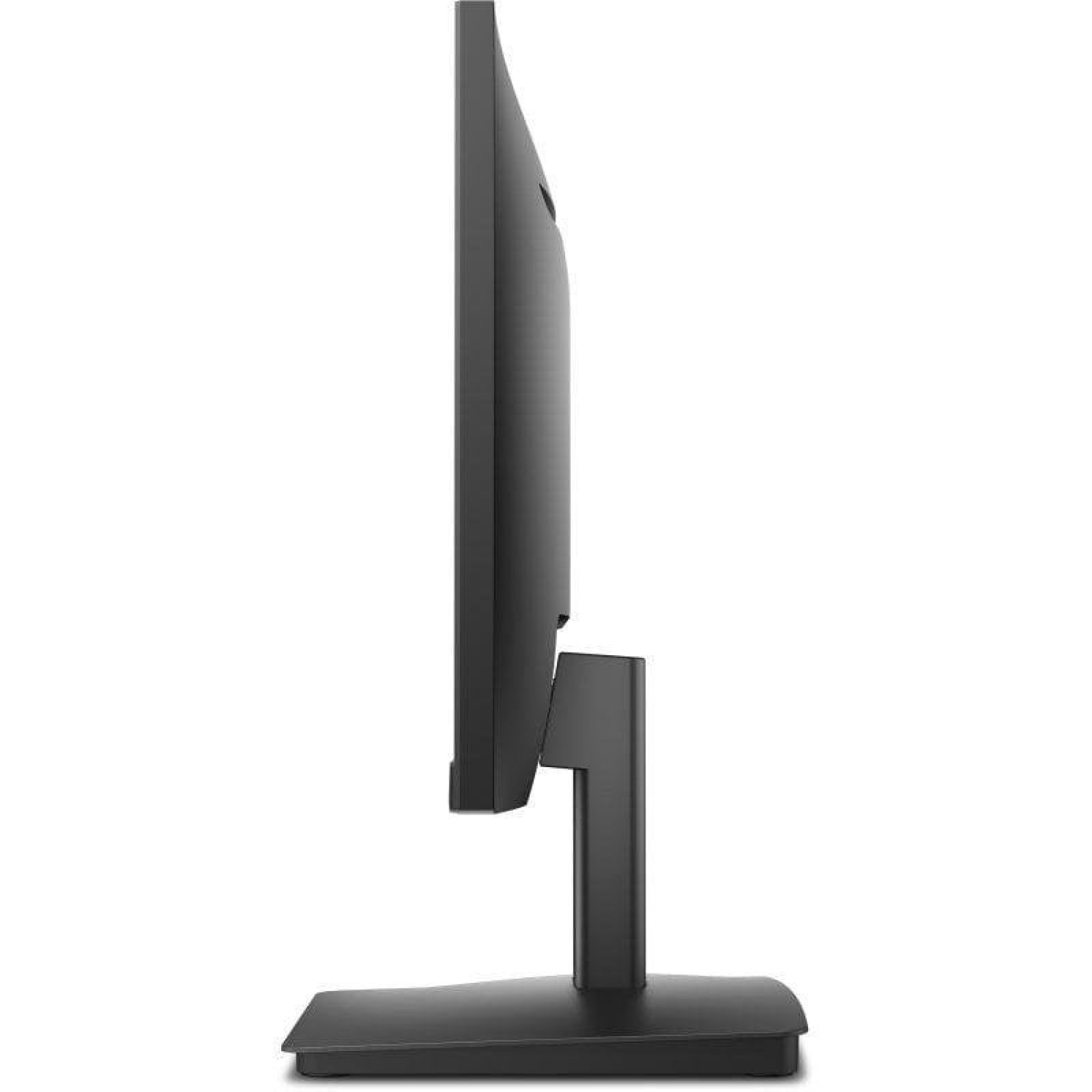 Vista laterale di un monitor per computer nero e sottile su supporto con sfondo bianco.