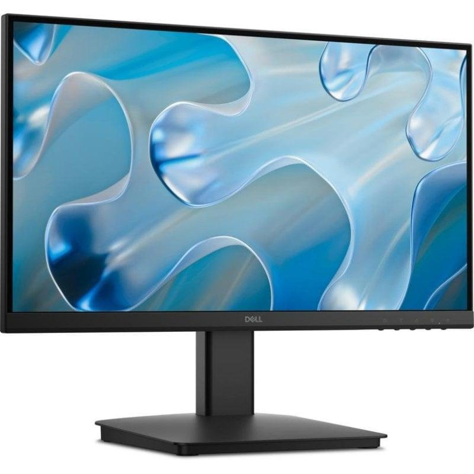 Un monitor per computer Dell nero che mostra uno sfondo astratto blu.