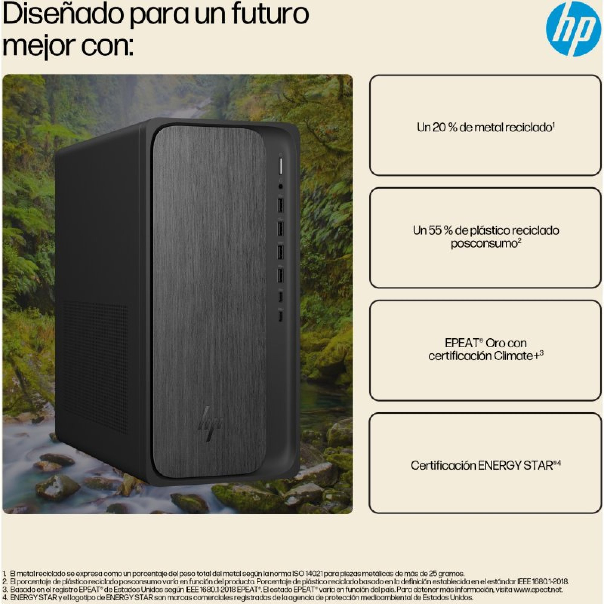 Tower desktop HP su sfondo verde con caratteristiche ecologiche.