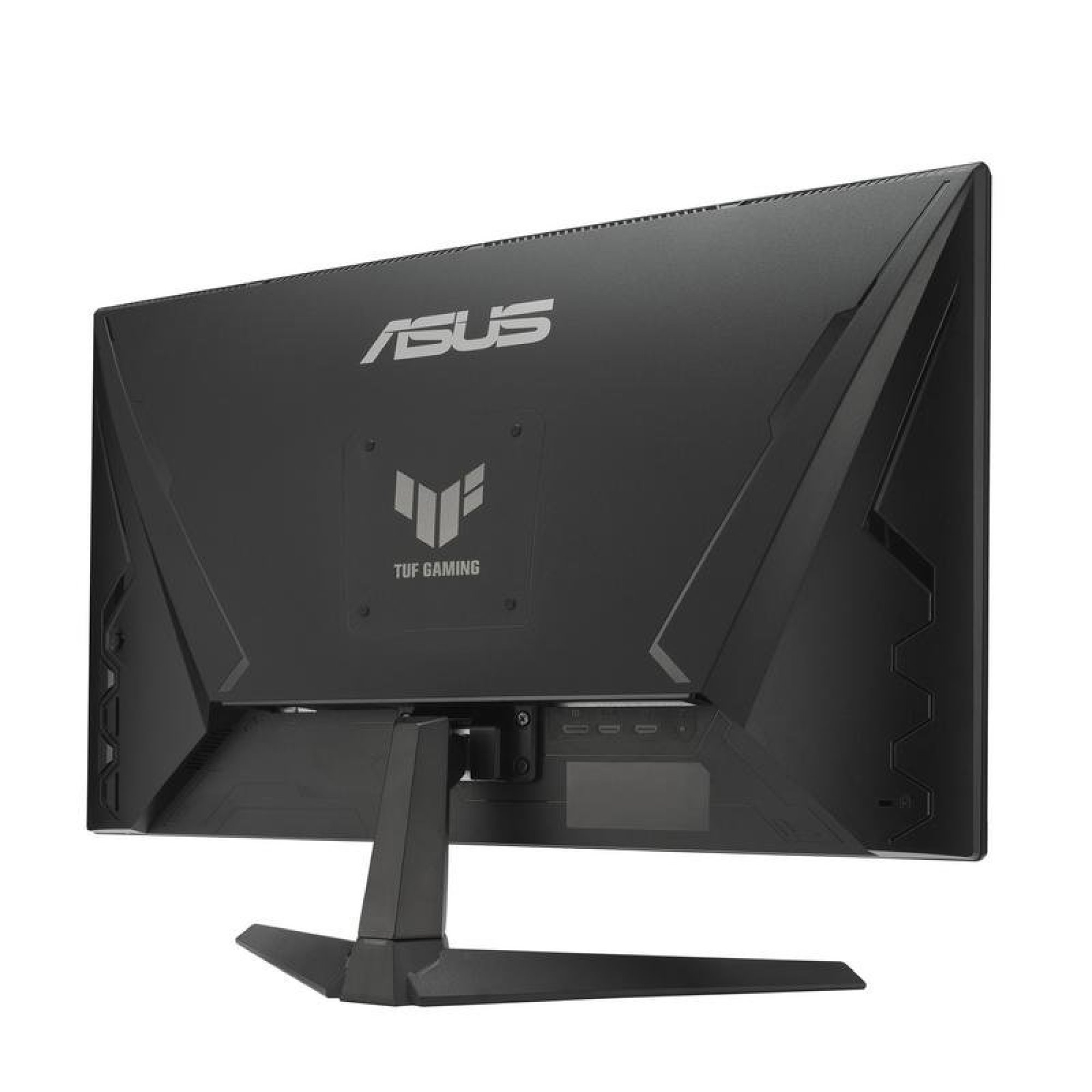 Vista posteriore di un monitor nero Asus TUF Gaming con supporto e logo su sfondo bianco.