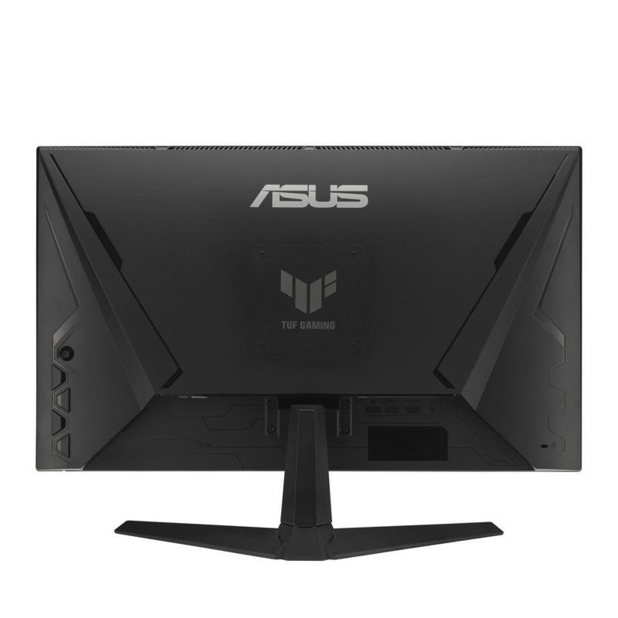 Vista posteriore di un monitor per computer nero Asus TUF Gaming su supporto, con logo e porte.