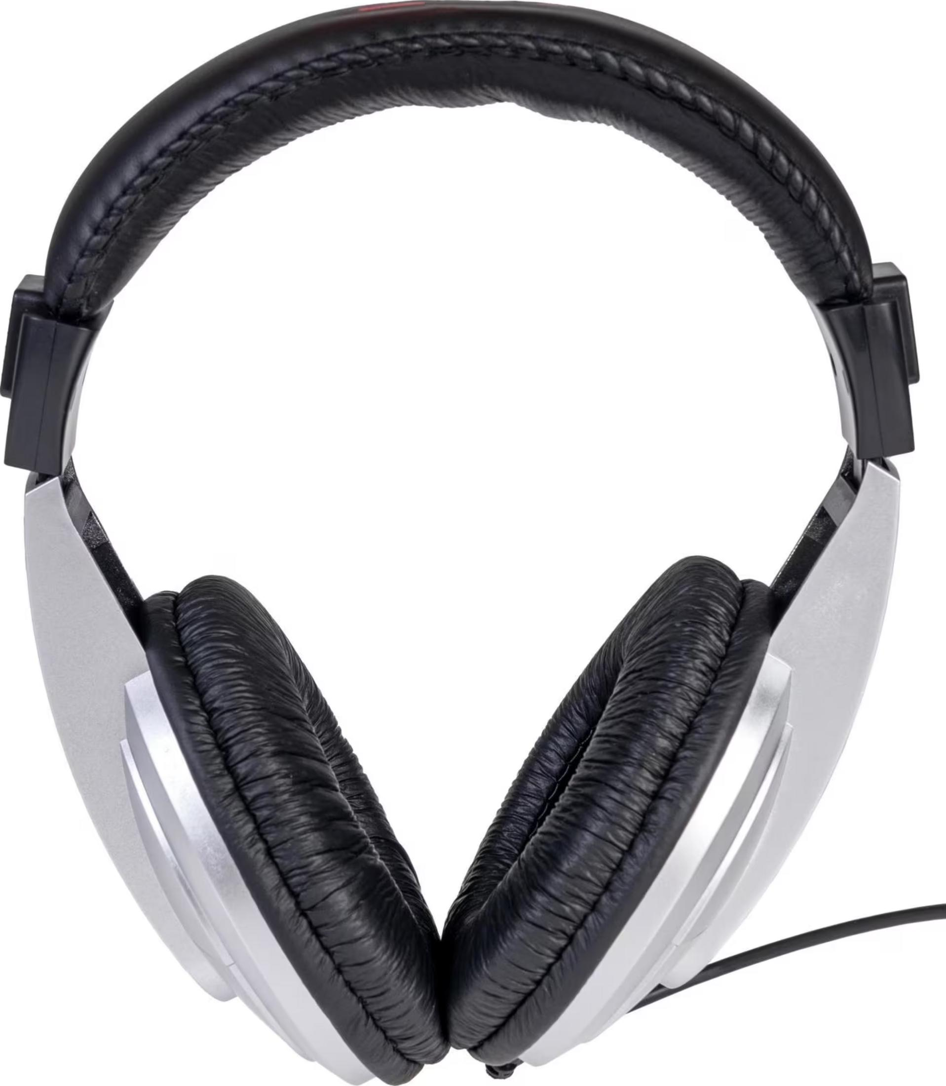 Schwarze und silberne Over-Ear-Kopfhörer mit gepolstertem Bügel und Ohrmuscheln auf weißeem Hintergrund.
