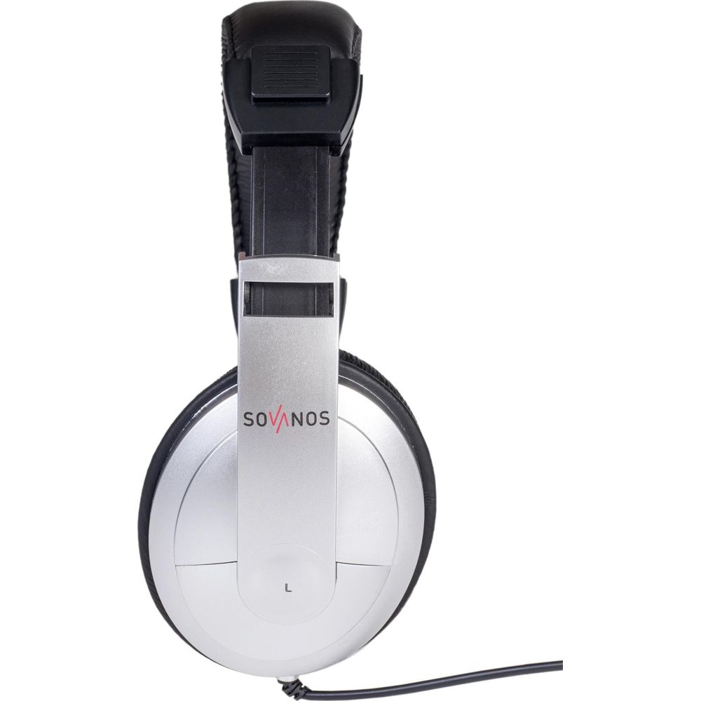 Schwarze und silberne Over-Ear-Kopfhörer mit Logo und Kabel auf weißem Hintergrund.