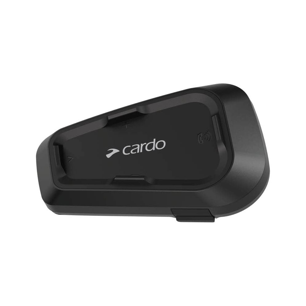 Appareil de communication noir pour casque de moto Cardo avec inscription blanche sur fond blanc.