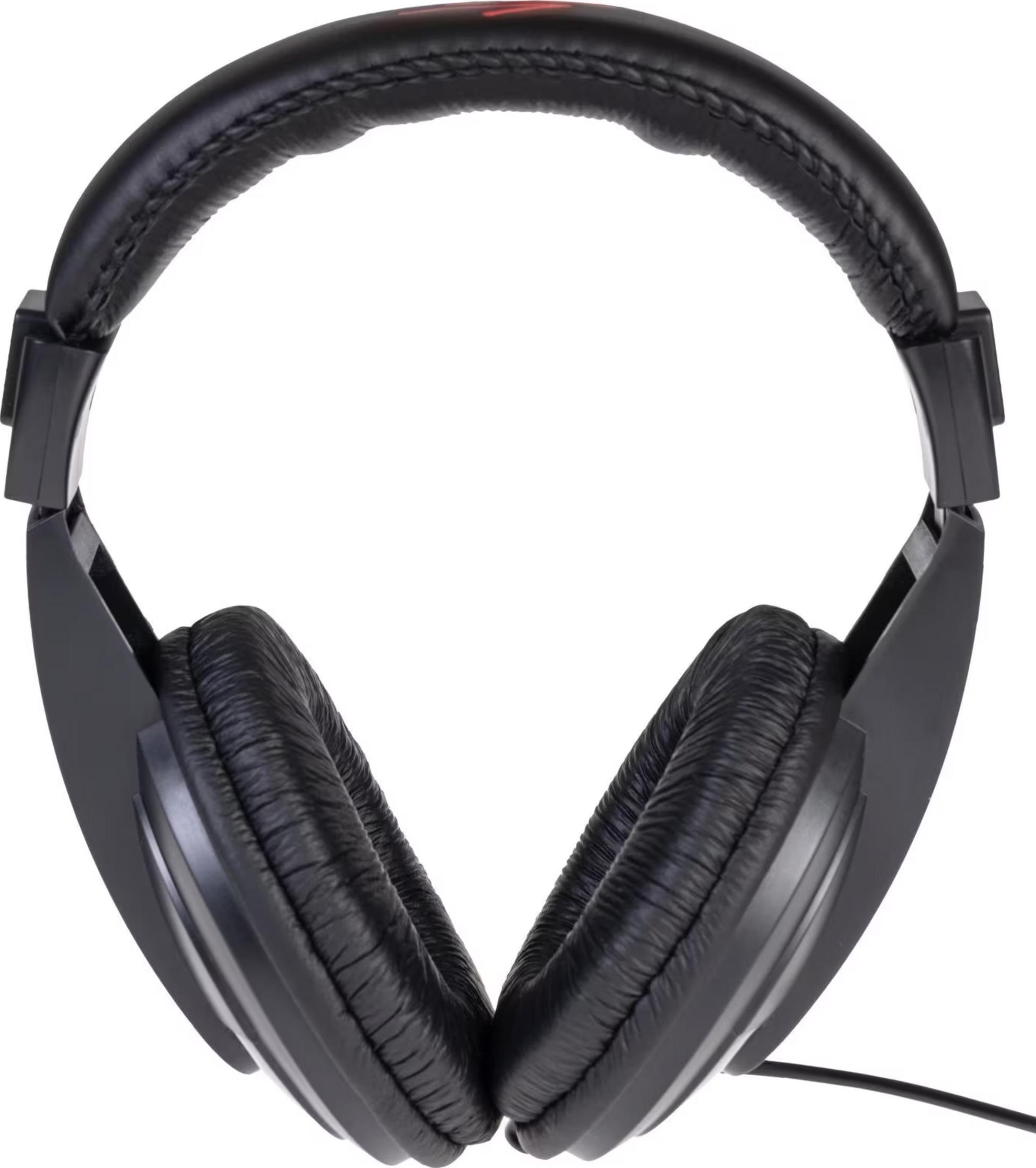 Schwarze Over-Ear-Kopfhörer mit dickem gepolsterten Kopfbügel und Ohrpolstern auf weißem Hintergrund.