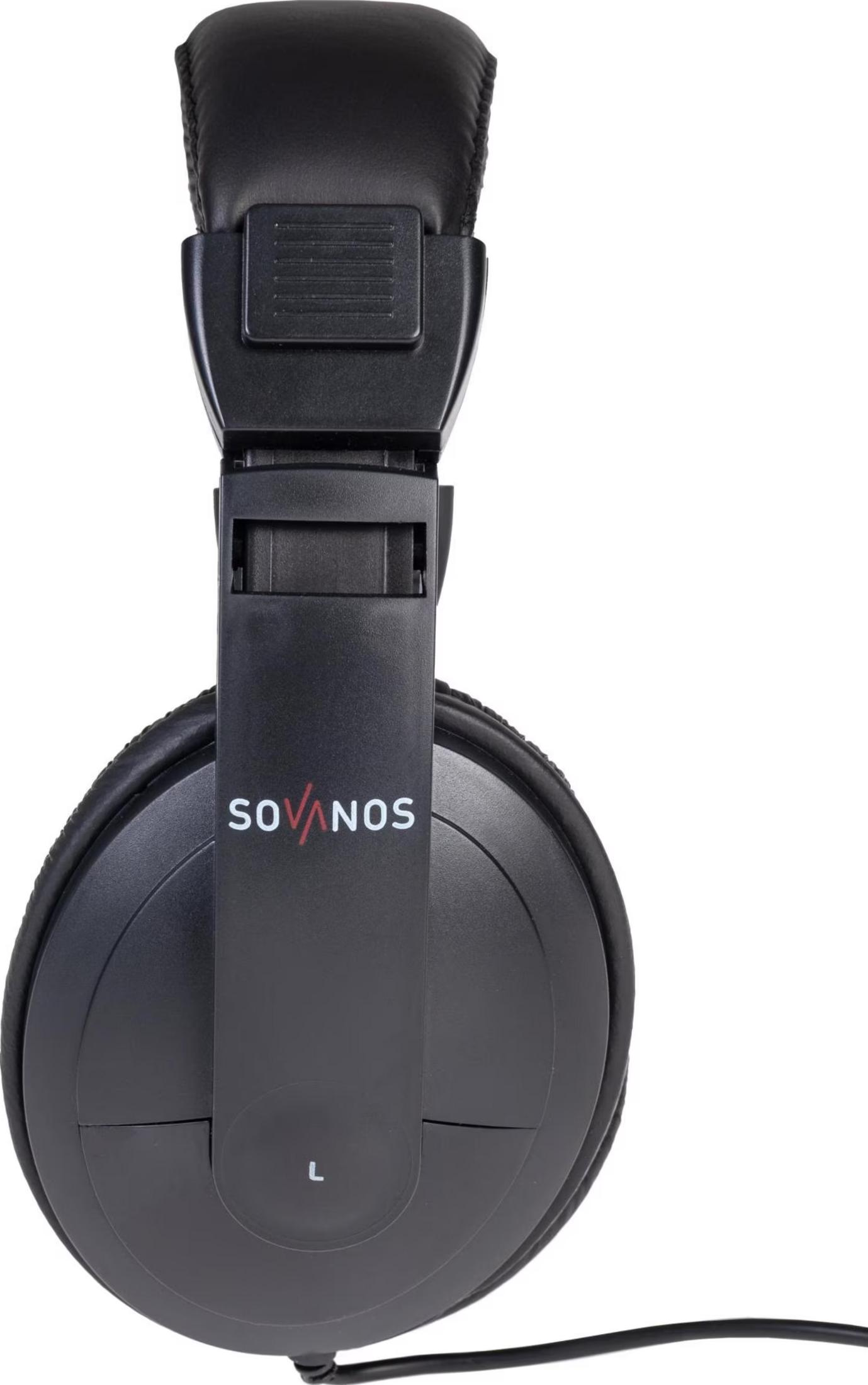 Schwarze Over-Ear-Kopfhörer mit gepolstertem Bügel, dem Markennamen Sovanos und einem Kabel auf weißem Hintergrund.
