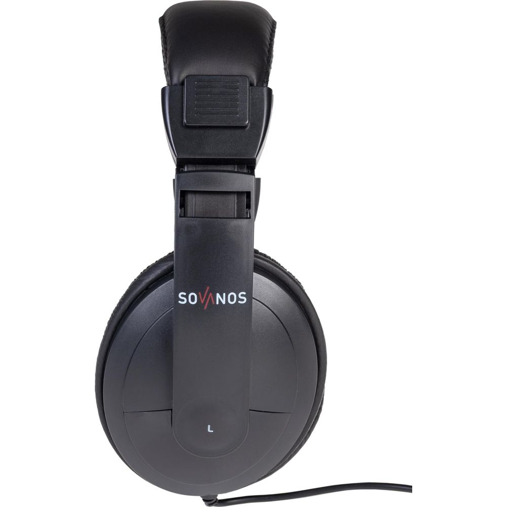 Schwarze Over-Ear-Kopfhörer mit der Aufschrift SOVANOS und einem Kabel am linken Hörer auf weißem Hintergrund.