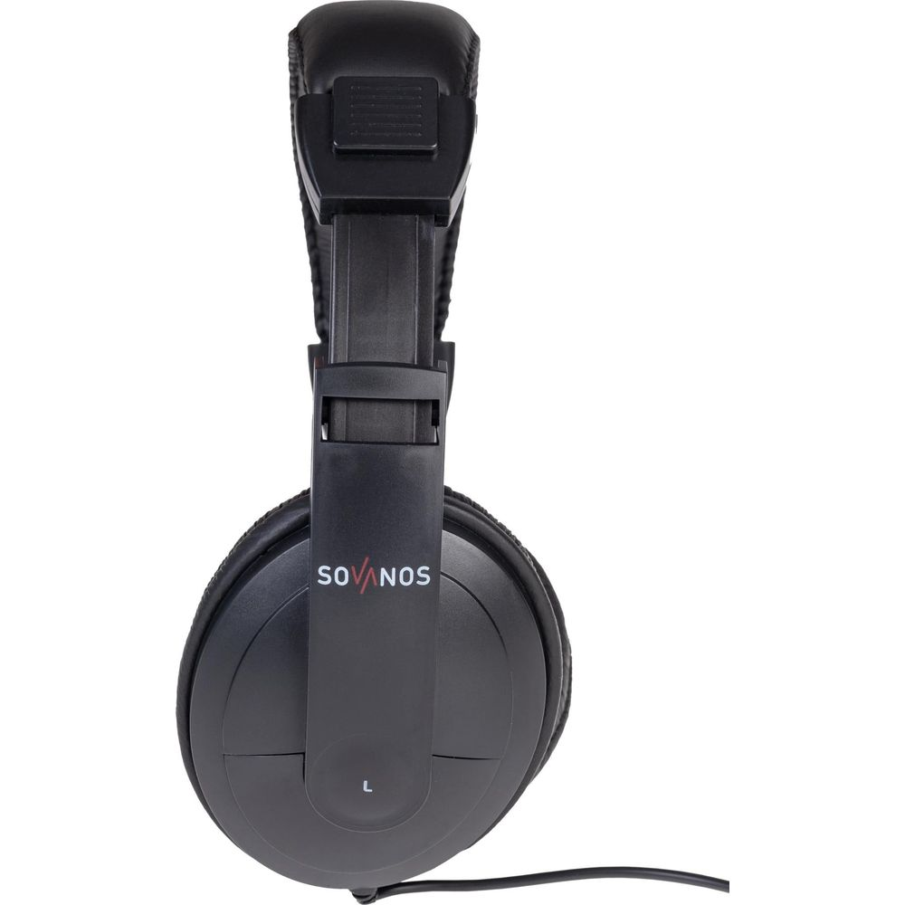 Schwarze On-Ear-Kopfhörer mit verstellbarem Kopfbügel und dem Markennamen Sovanos auf dem linken Hörer.