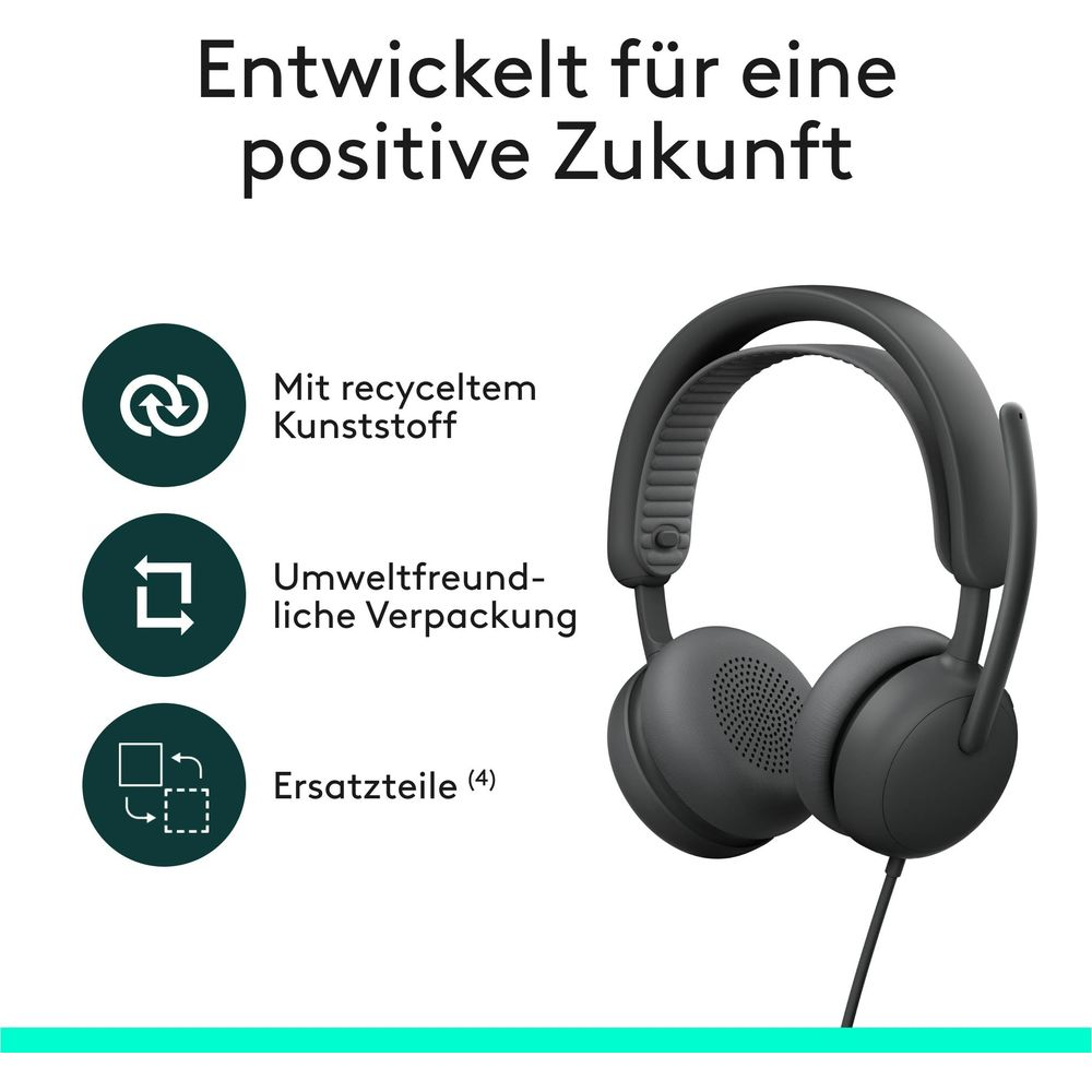 Casque filaire noir doté de caractéristiques écologiques et d'icônes de plastique recyclé.