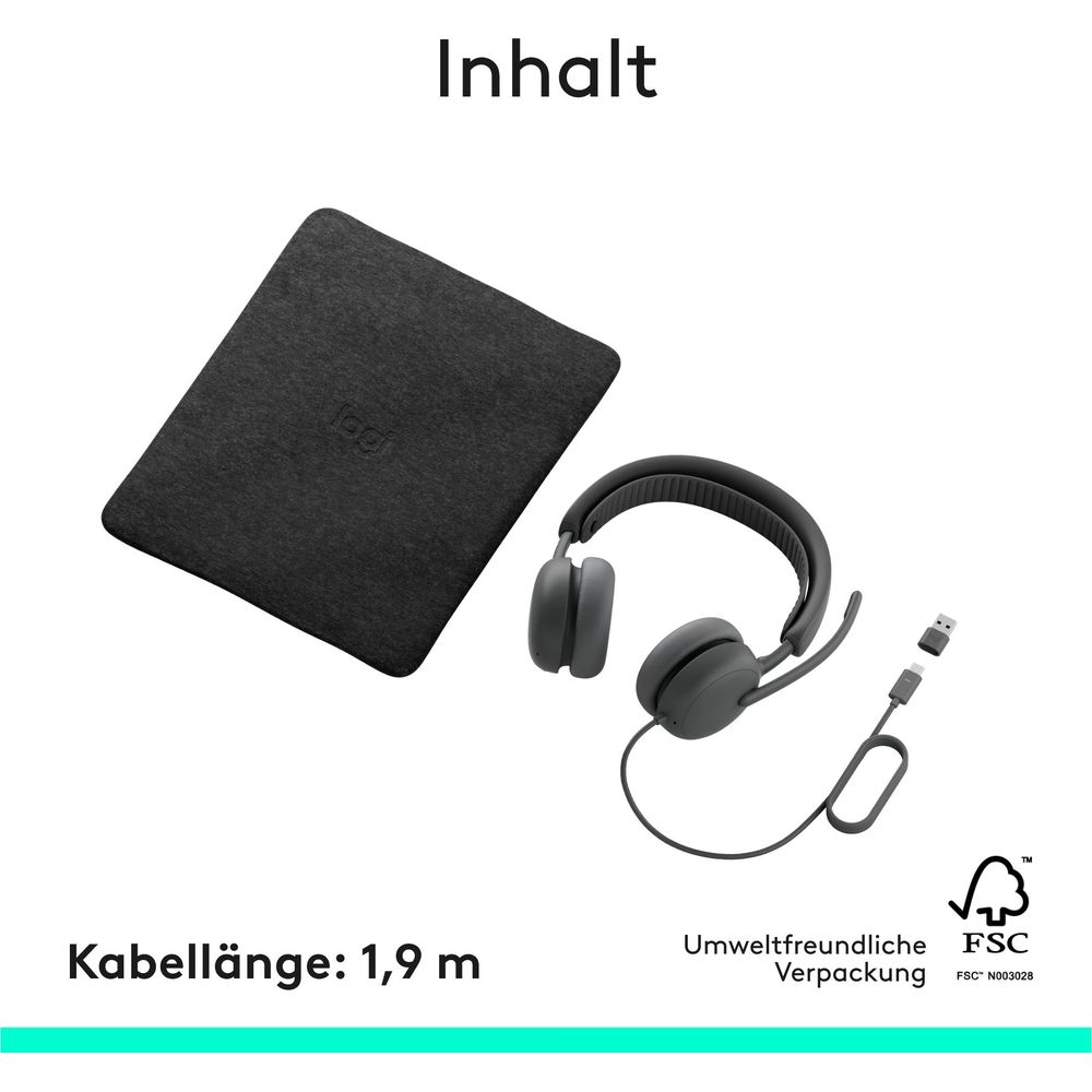 Une pochette noire, un casque gris avec câble de 1,9m et logo FSC sur fond blanc.