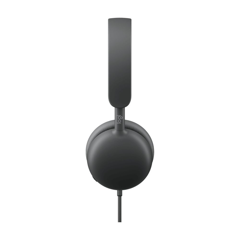Casque supra-auriculaire filaire gris foncé avec logo Logi vu de profil sur fond blanc.