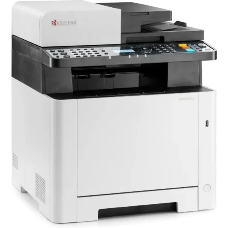 Una stampante multifunzione Kyocera bianca e nera su sfondo bianco.