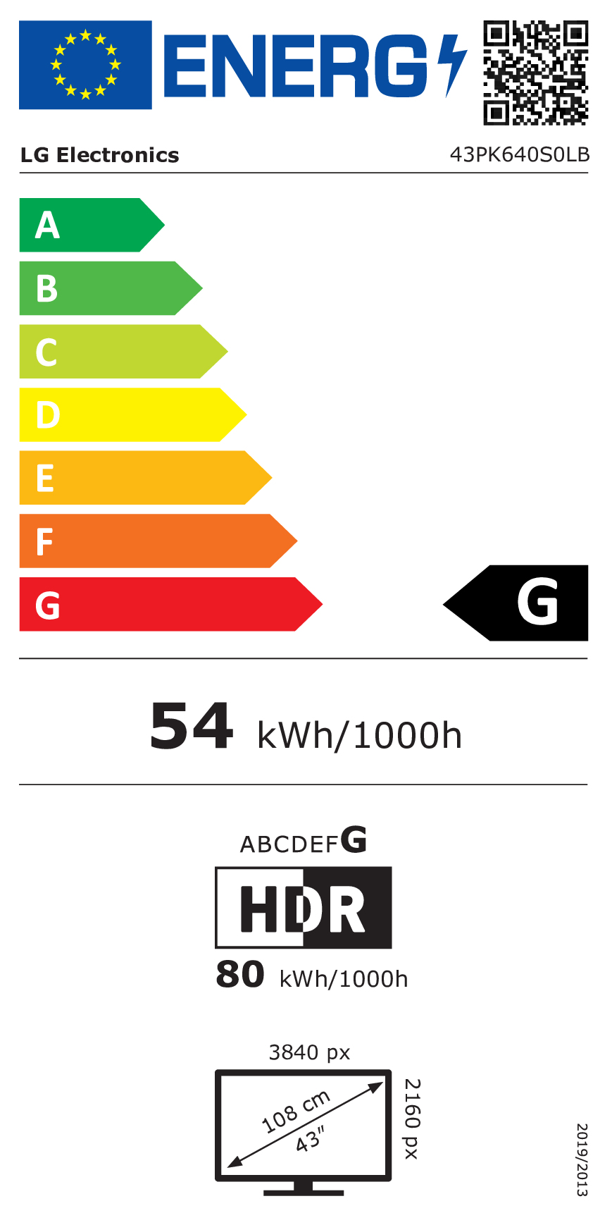 EU-Energieetikett für LG Electronics Fernseher mit Energieeffizienzklasse G und 54 kWh pro 1000 Stunden.