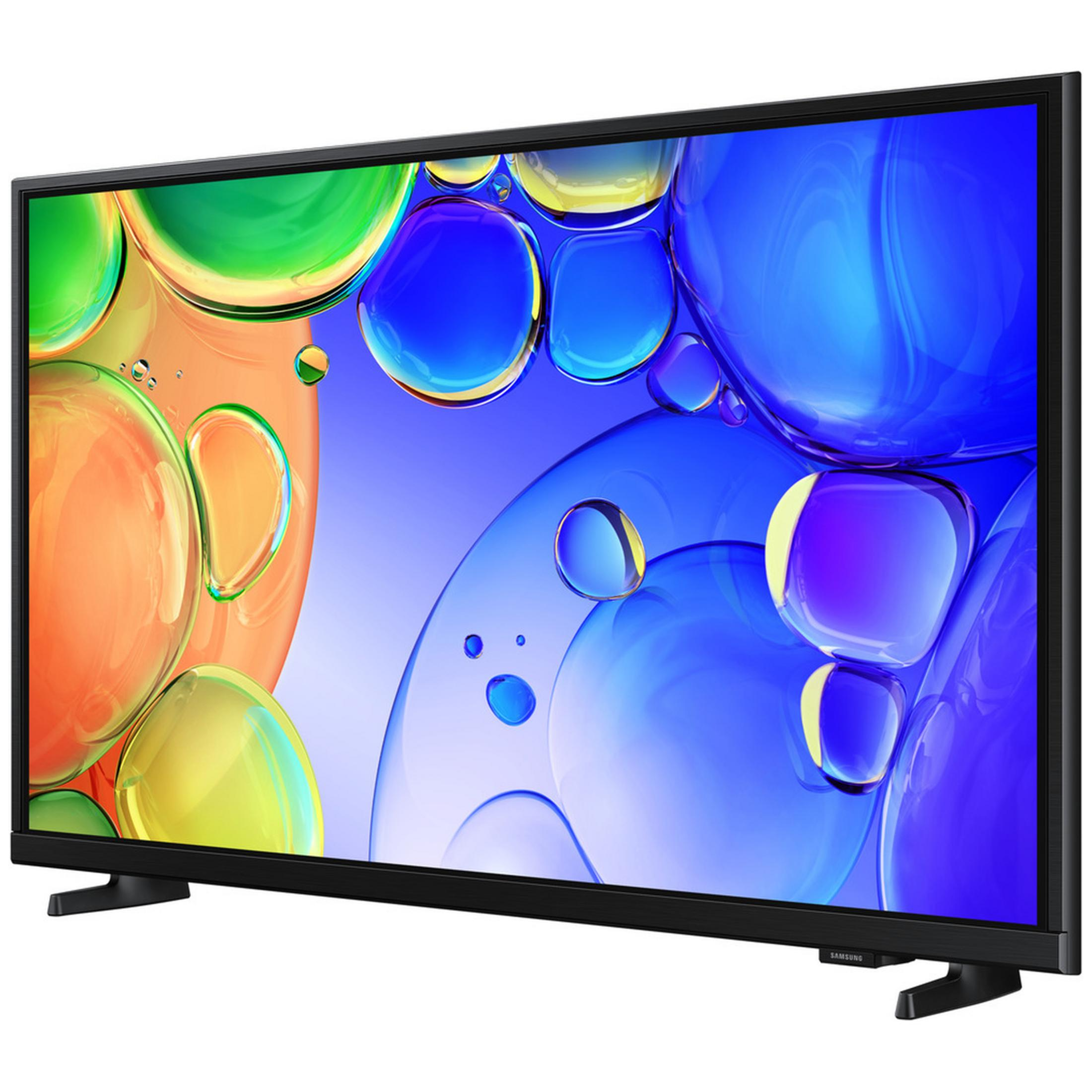 Una moderna TV a schermo piatto su supporto, che mostra un vivace sfondo astratto di bolle.