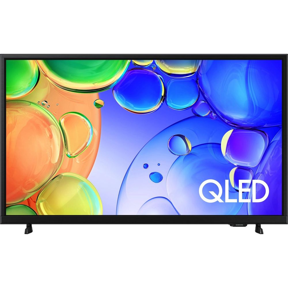Una TV QLED nera mostra uno sfondo astratto colorato con bolle fluttuanti blu, arancioni e verdi.