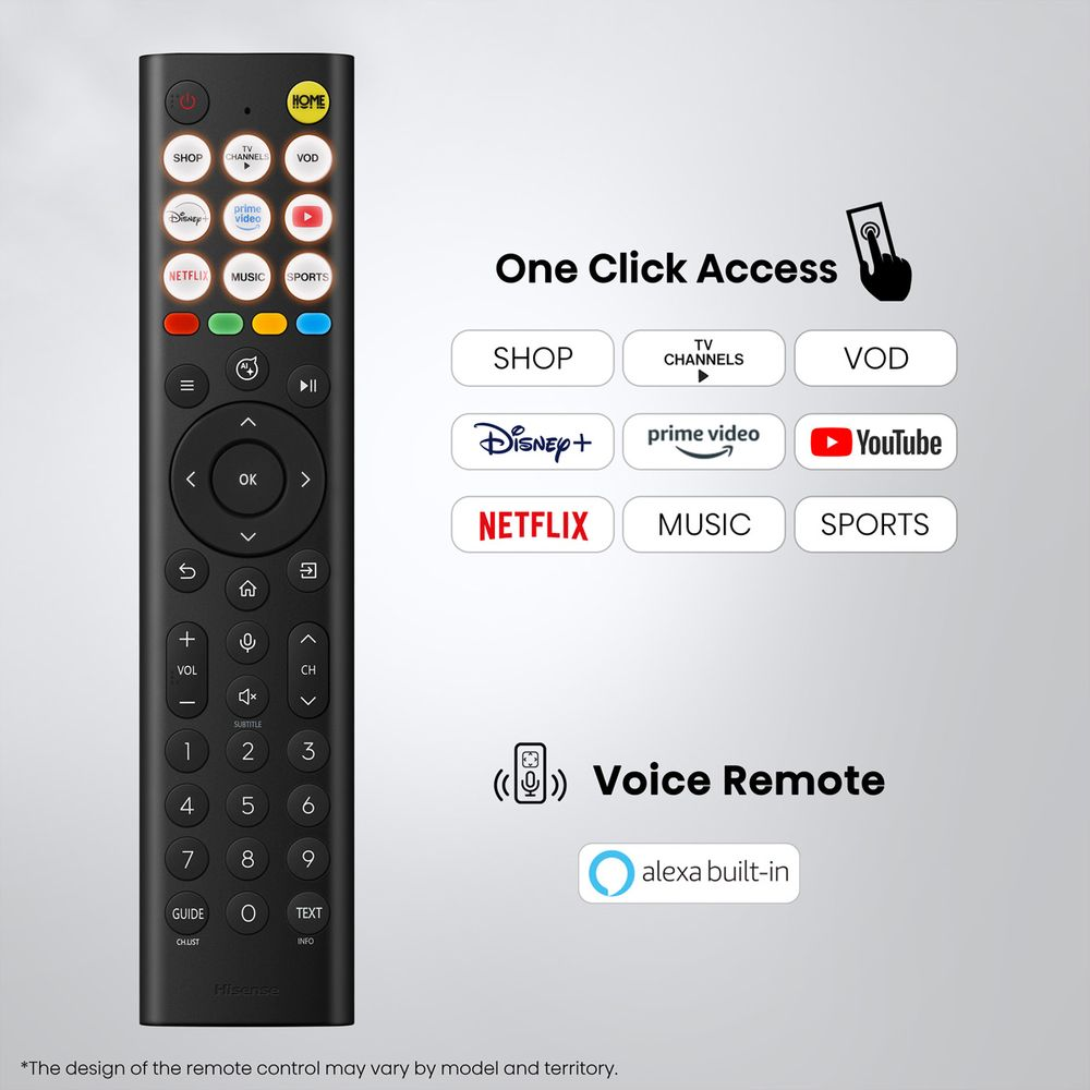 Telecomando Hisense nero con tasti di accesso rapido e controllo vocale Alexa integrato.