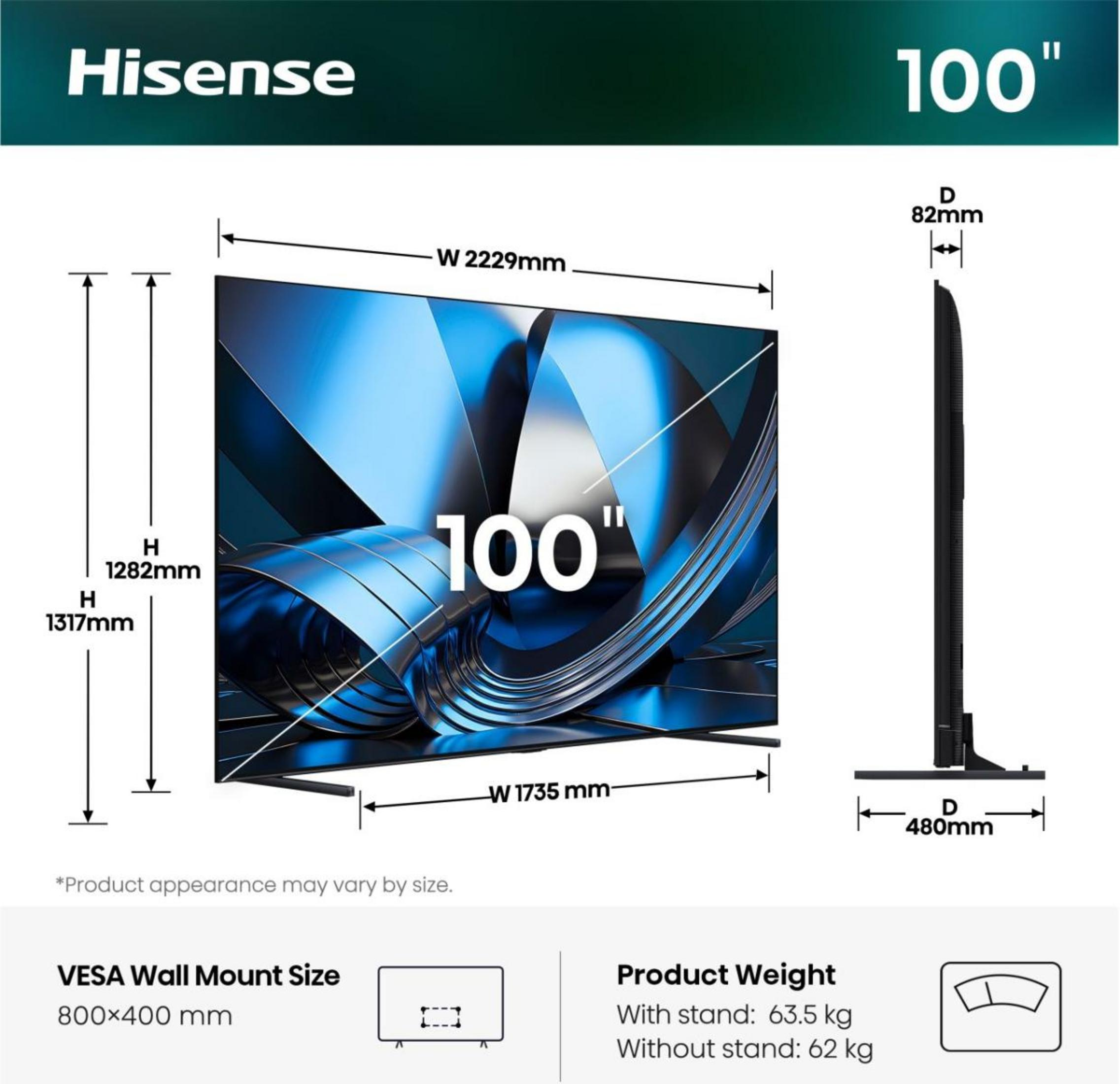 Disegno tecnico e dimensioni di un televisore Hisense da 100 pollici con dimensioni VESA e peso.