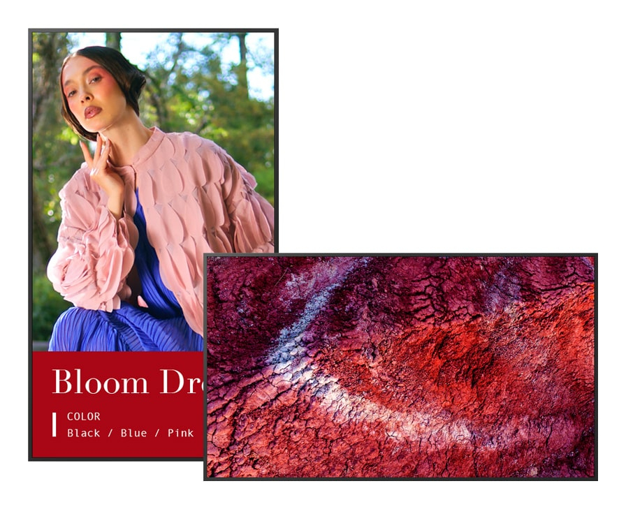 Une femme en veste rose et robe bleue pose en plein air à côté d'une texture de roche rouge.