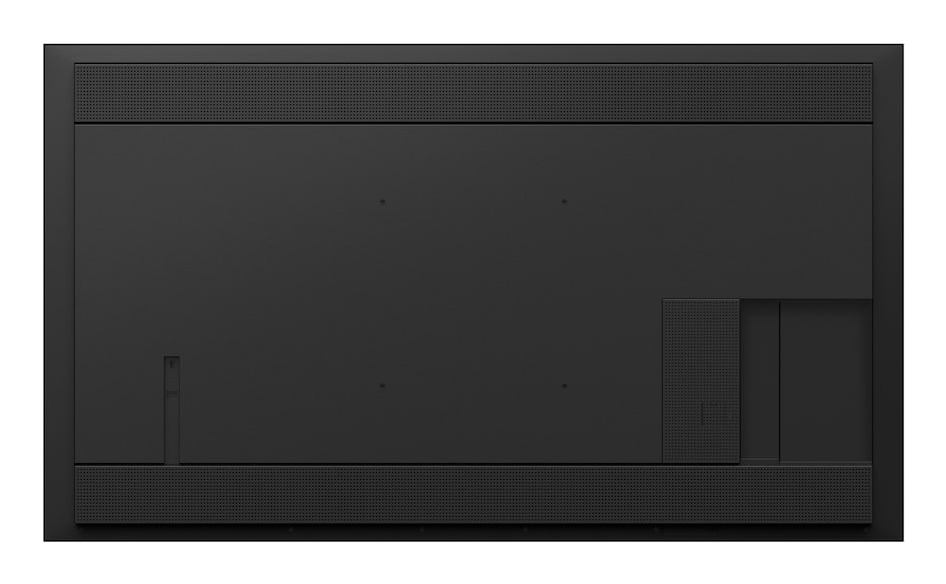 Vue arrière d'un écran plat noir avec des grilles de ventilation texturées en haut et en bas.