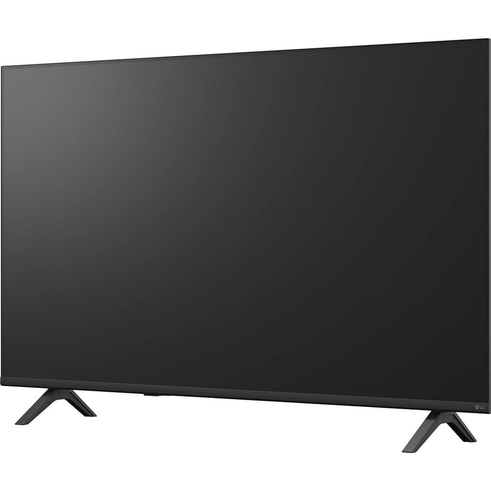 Una TV a schermo piatto LG nera con cornice sottile e piedini a V, vista da una prospettiva di tre quarti.