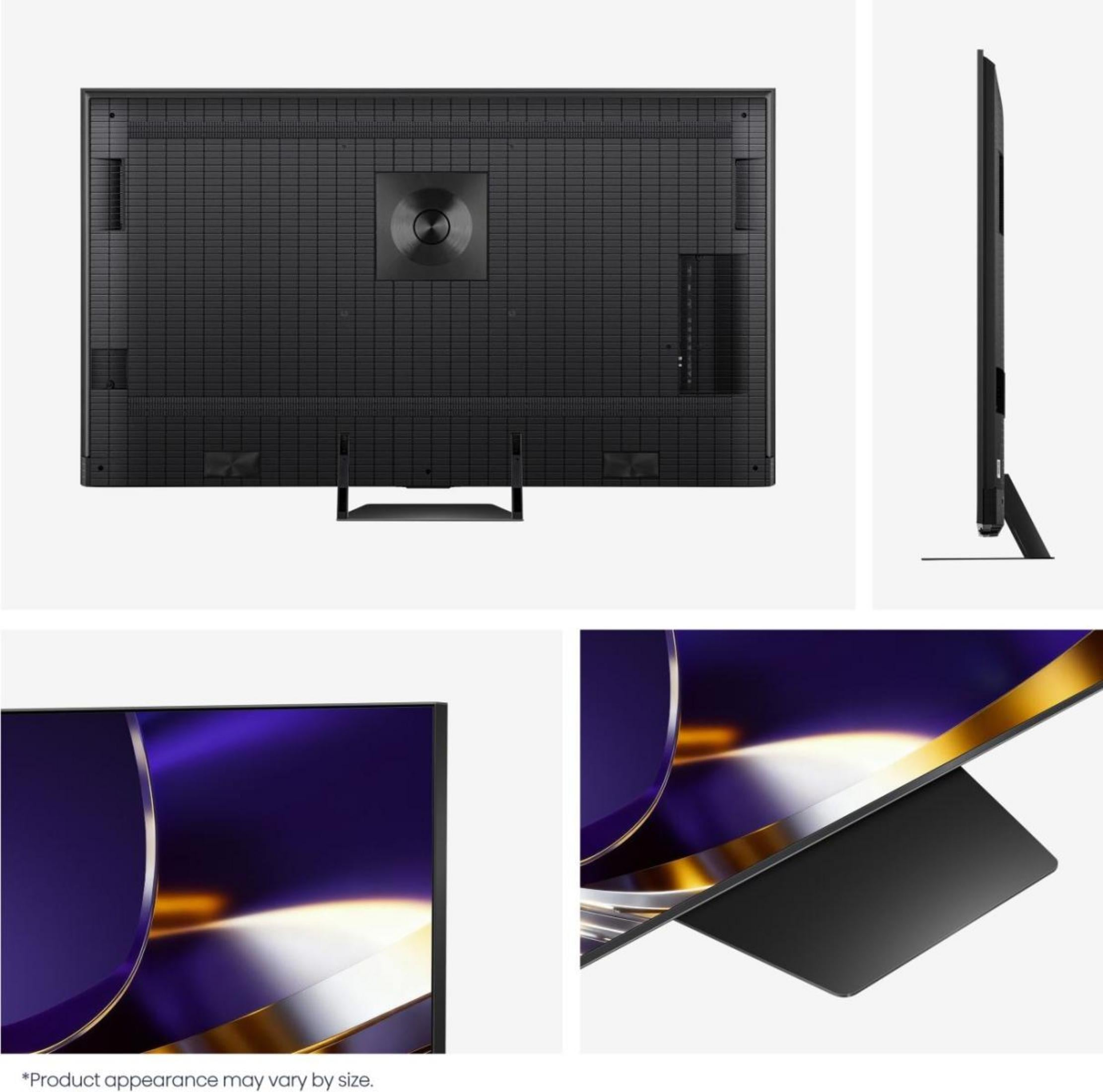 Viste di una TV a schermo piatto nera da dietro, di lato, dettaglio dell'angolo e della base del supporto.