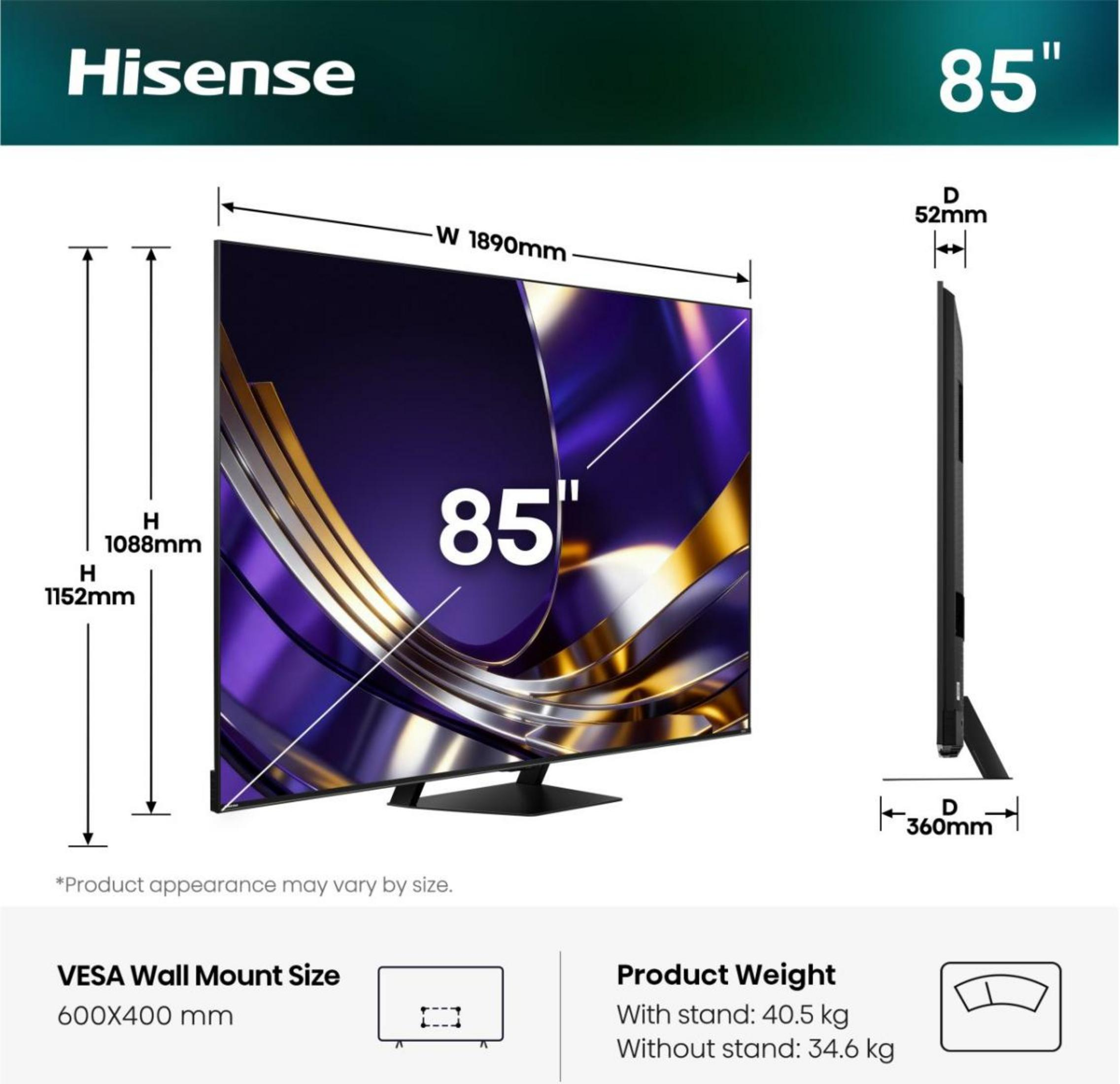 Diagramma che mostra le dimensioni di un televisore Hisense da 85 pollici, inclusi larghezza, altezza, profondità, VESA e peso.