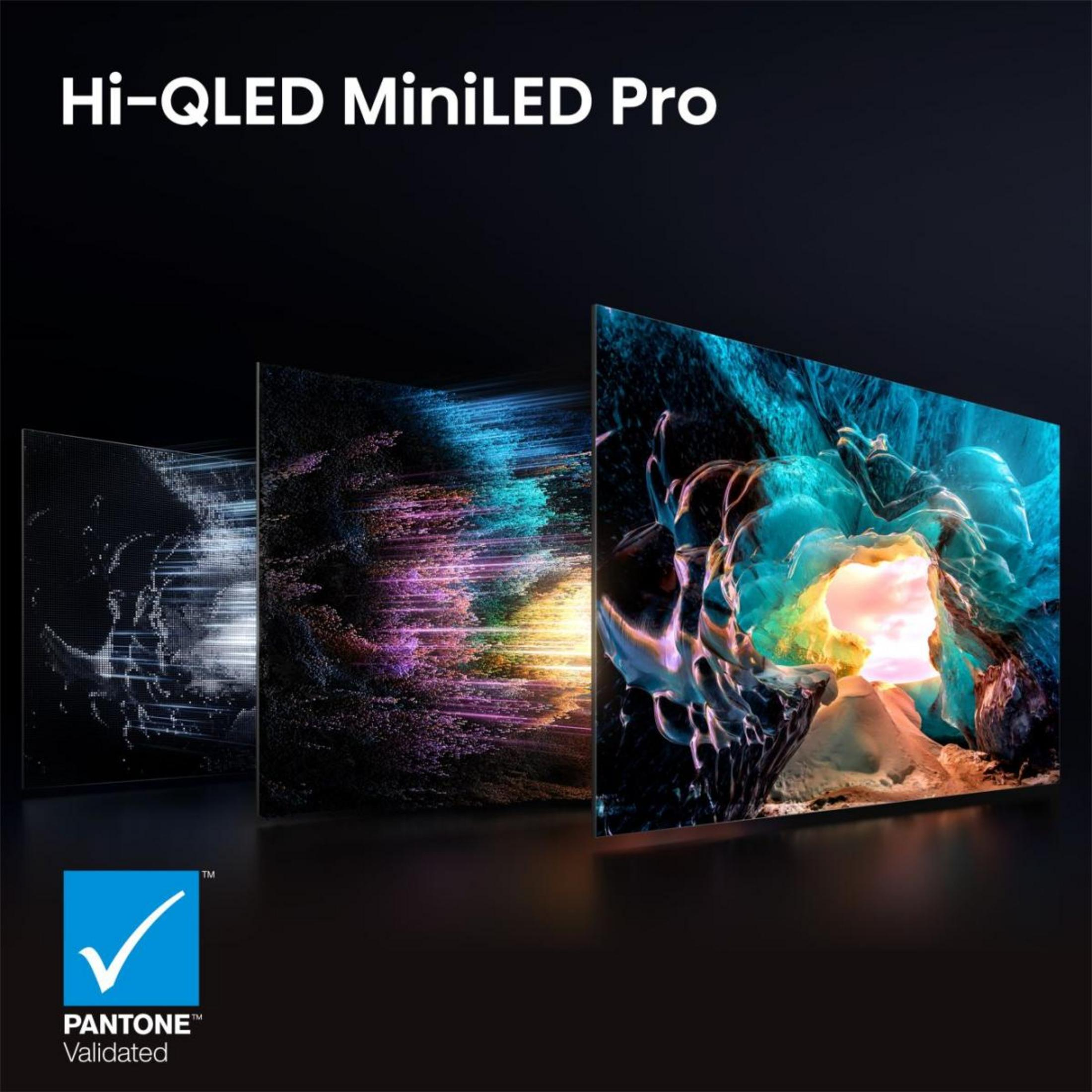 Tre televisori mostrano colorate grafiche astratte e formazioni di ghiaccio, etichettati con Hi-QLED MiniLED Pro.