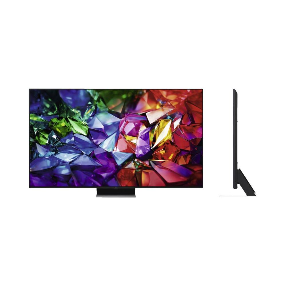 Una TV a schermo piatto elegante con cristalli colorati, vista frontale e laterale su sfondo bianco.