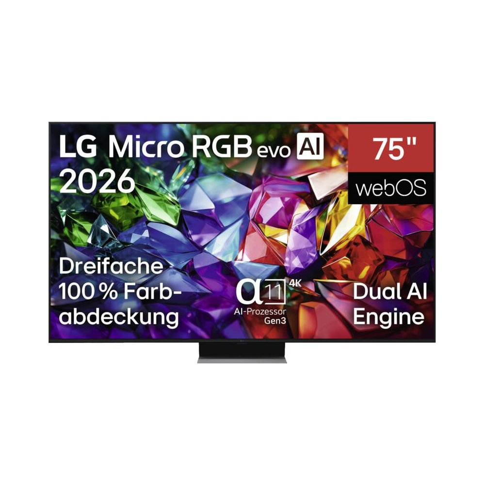 TV LG Micro RGB evo AI da 75 pollici, sfondo di cristalli colorati e testi promozionali.