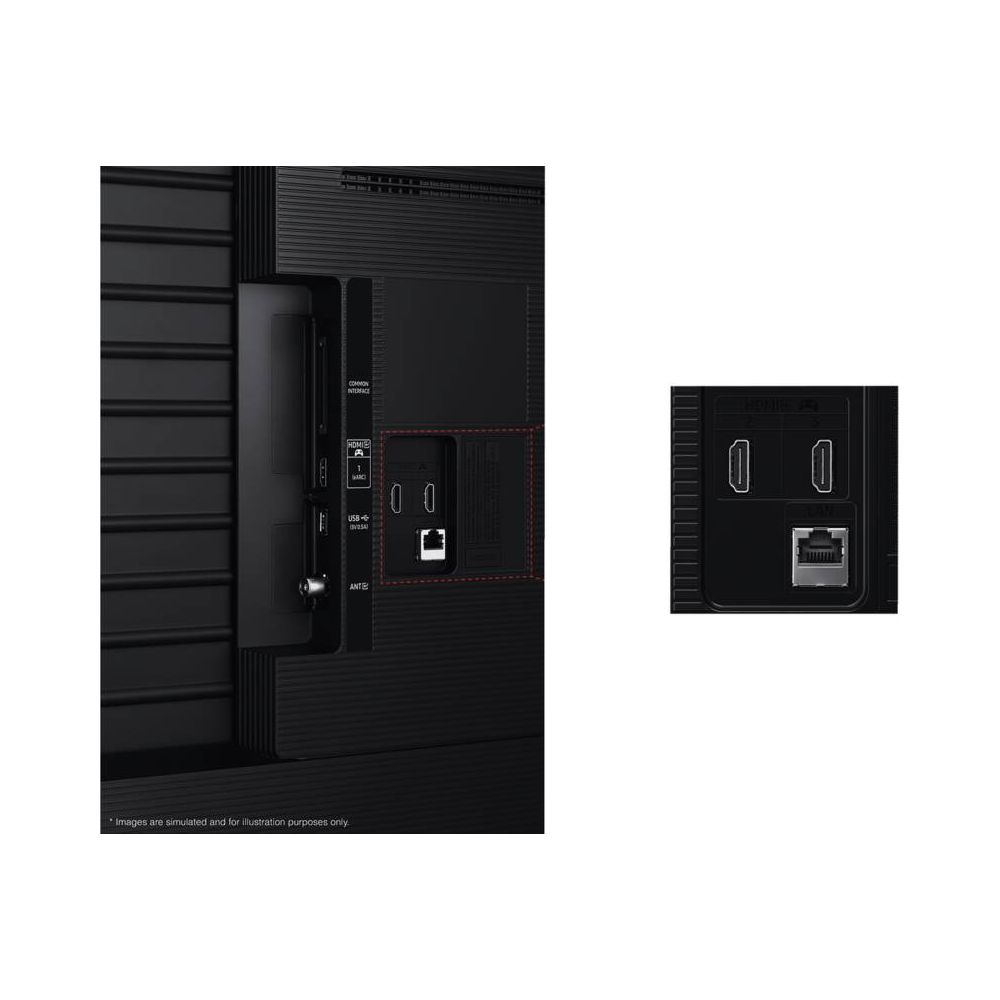 Panneau arrière d'un moniteur noir montrant divers ports, notamment HDMI, USB et LAN.