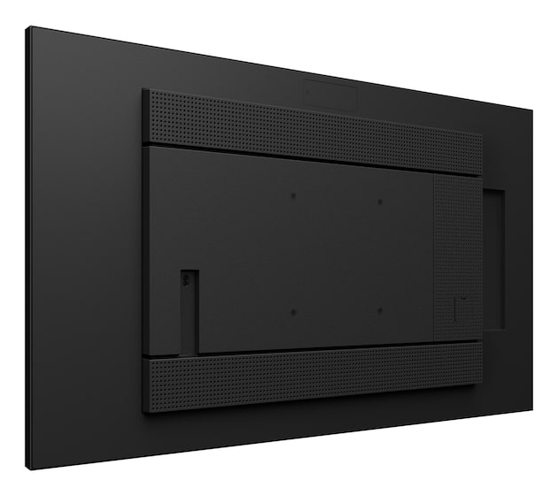 Vista posteriore di un monitor nero piatto con elementi di fissaggio centrali.