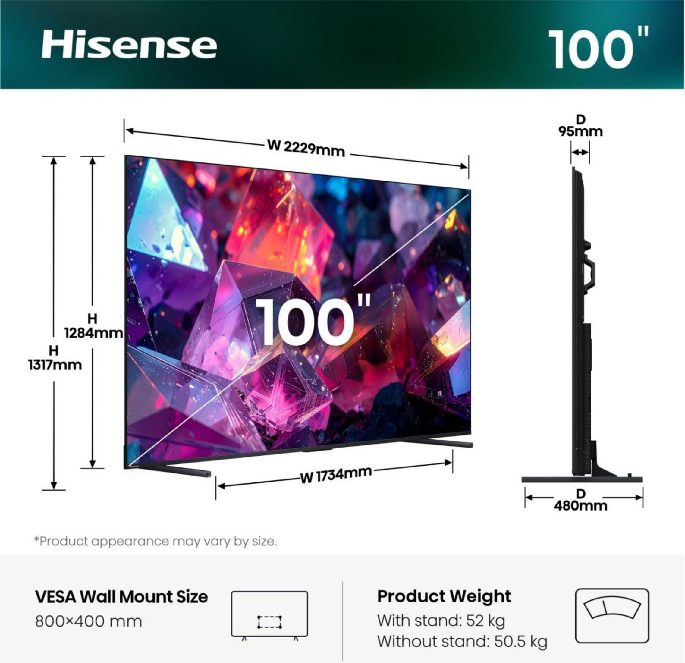 Dessin technique d'un téléviseur Hisense de 100 pouces avec dimensions et poids.