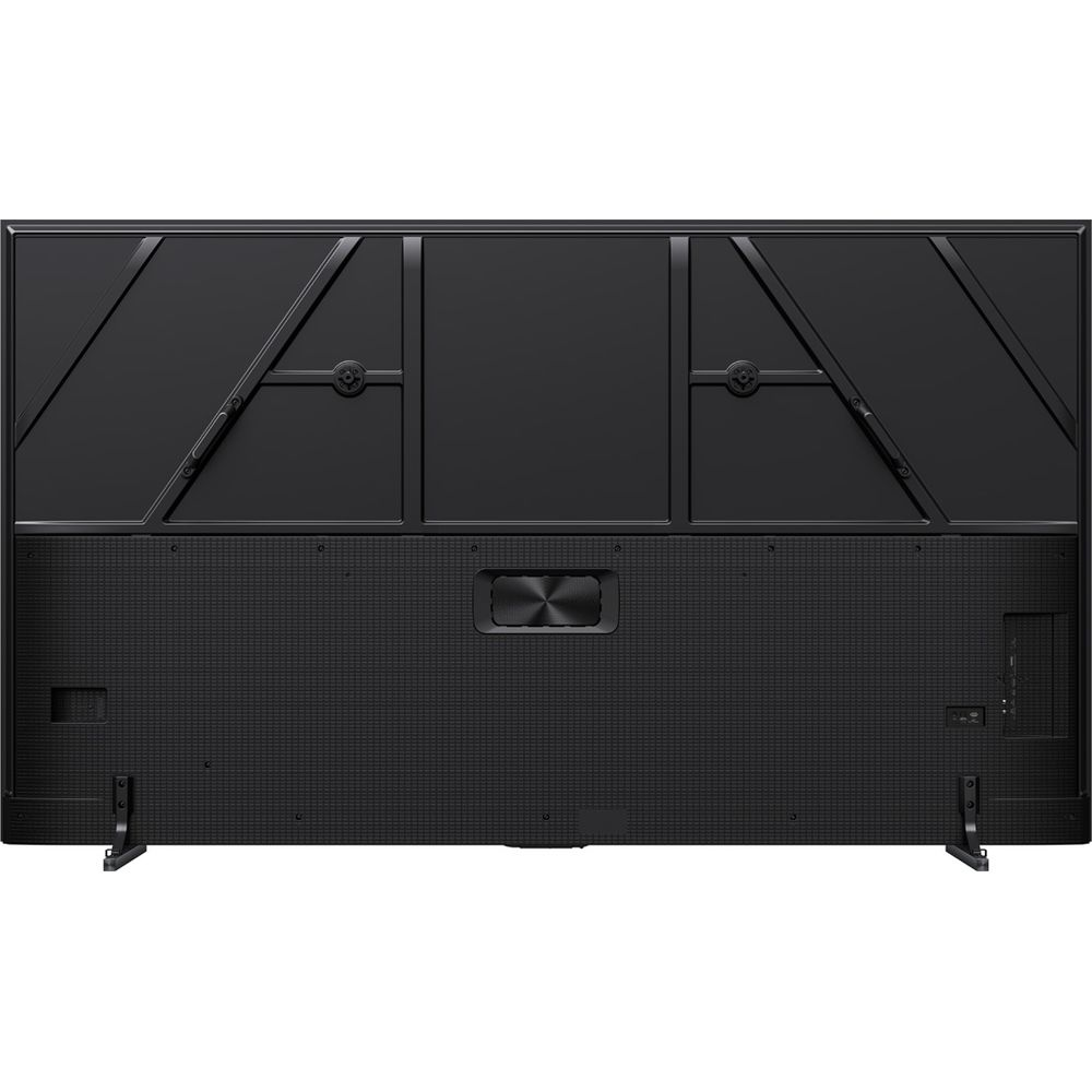 Vue arrière d'un téléviseur à écran plat noir avec des panneaux de grille texturés et deux supports.