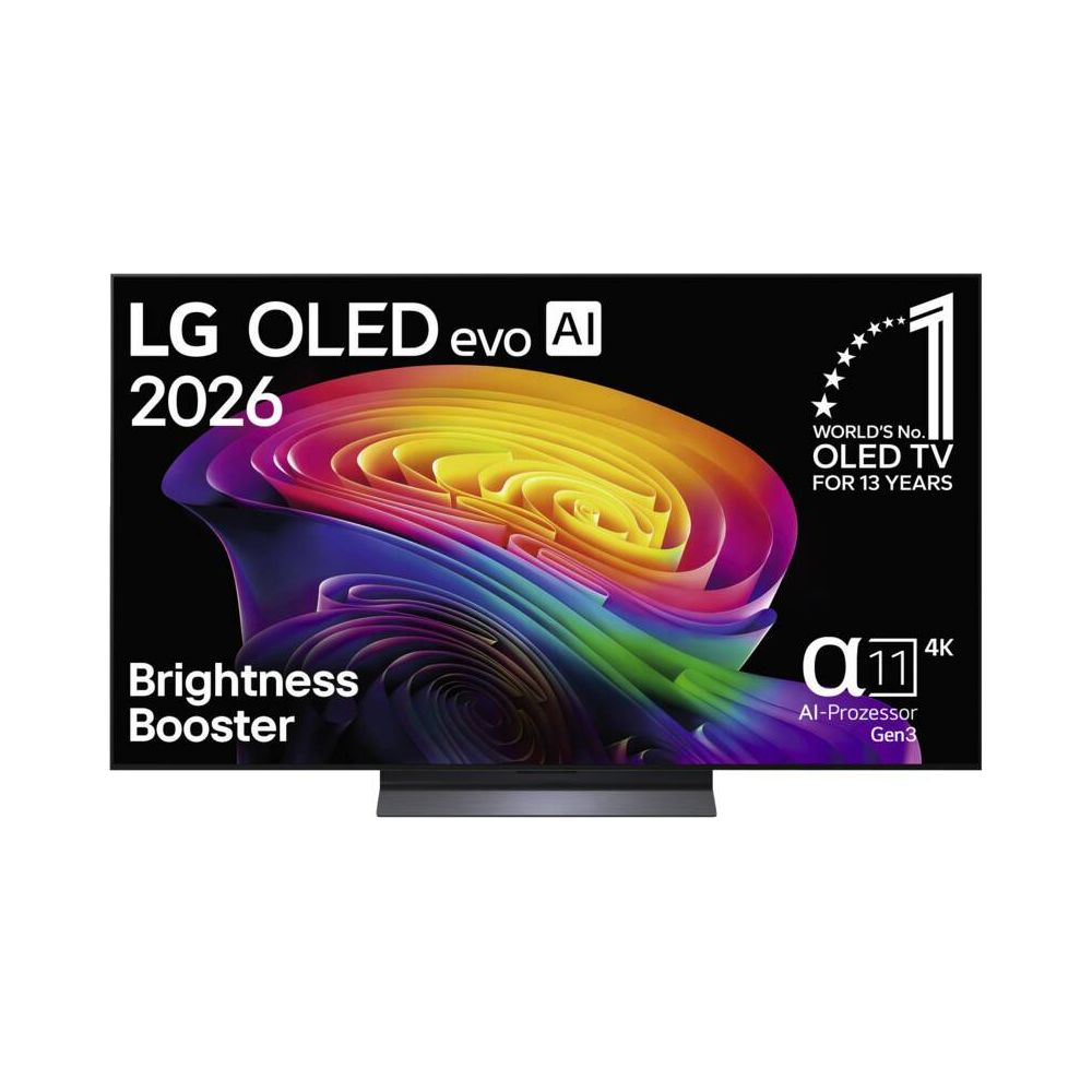 Téléviseur LG OLED evo AI 2026 affichant de l'art abstrait coloré, avec du texte indiquant l'optimiseur de luminosité.