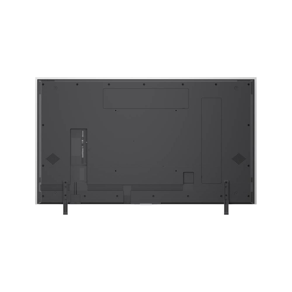 Vista posteriore di un televisore su sfondo bianco con porte e altoparlanti.