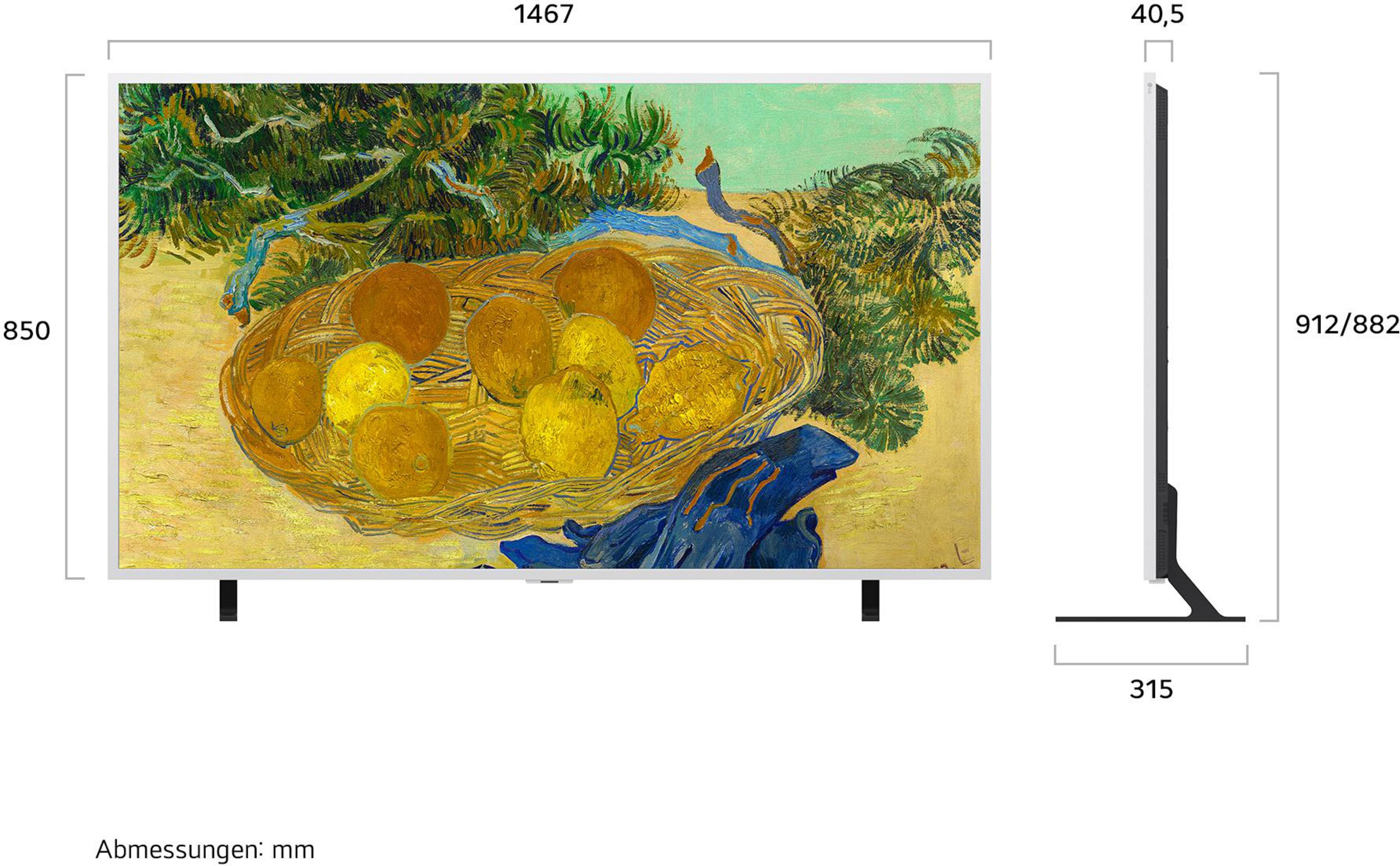 Disegno tecnico di un televisore con dimensioni in millimetri e un'opera d'arte sullo schermo.