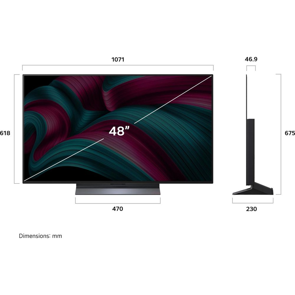 Diagramm zeigt die Abmessungen eines 48-Zoll-Fernsehers in Millimetern von vorne und der Seite.
