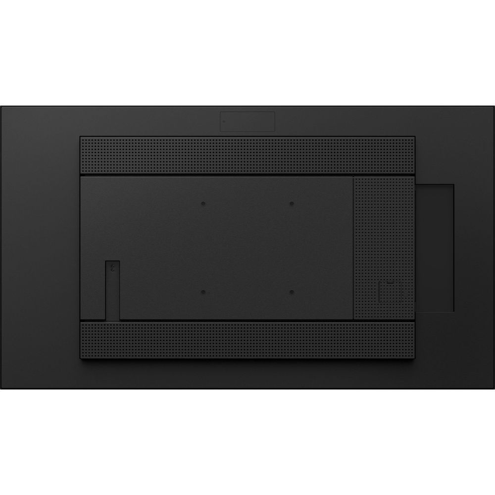 Vue arrière d'un moniteur noir avec haut-parleurs intégrés en haut et en bas.