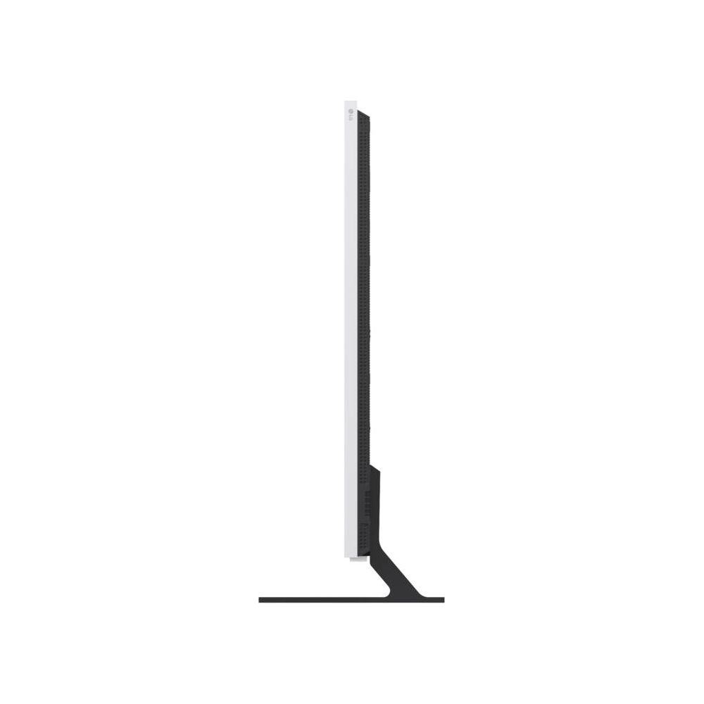Vista laterale di un monitor bianco sottile con supporto nero su sfondo bianco.