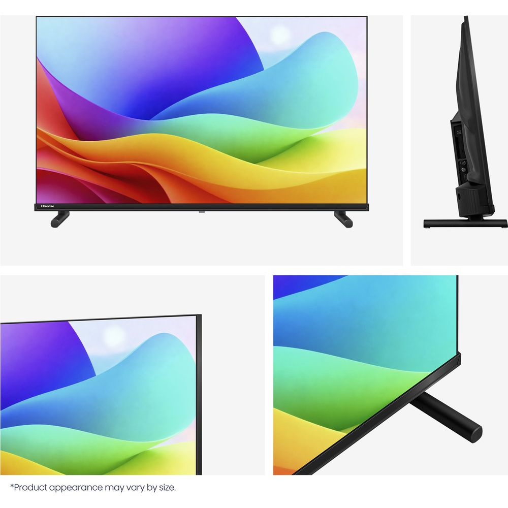 Quatre vues d'un téléviseur Hisense moderne avec un écran coloré et des bordures fines.