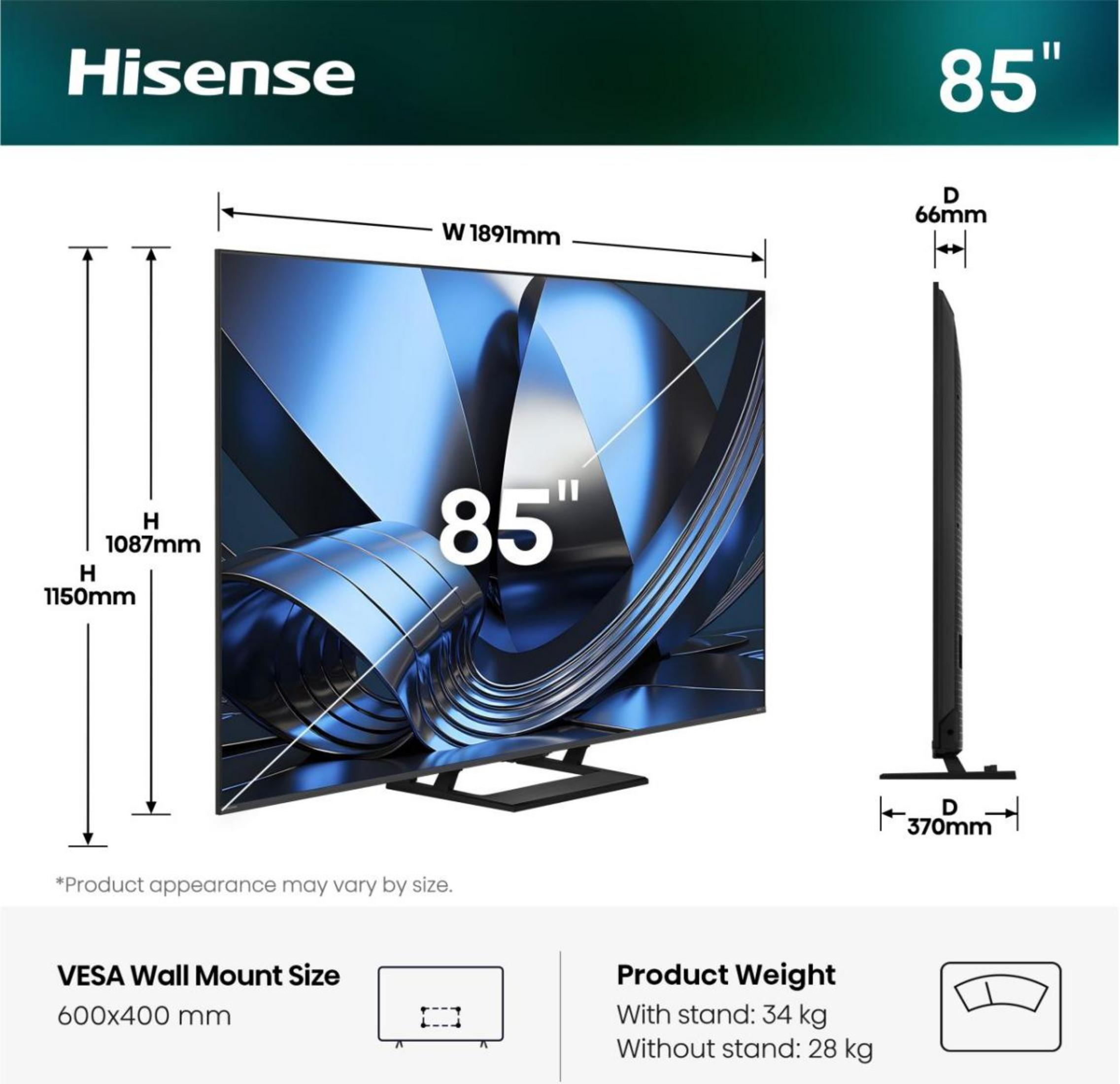 Dimensioni tecniche e specifiche di peso per il TV Hisense da 85 pollici.