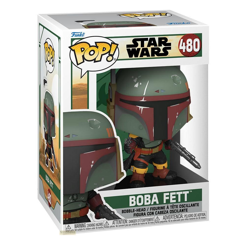 Eine Boba Fett Funko Pop Wackelkopf-Figur in ihrer grün-weißen Star Wars Sammlerbox.