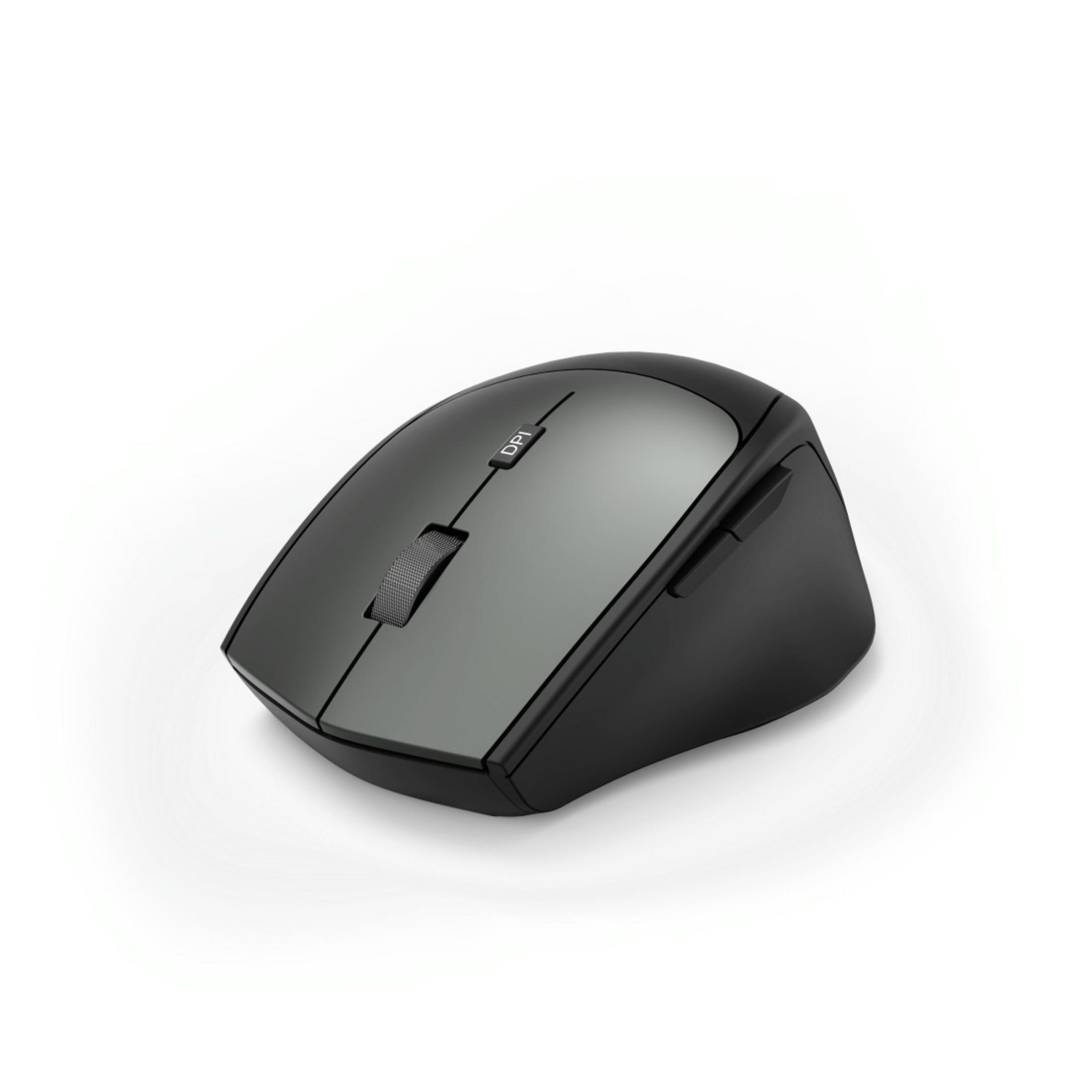 Un mouse per computer nero ed ergonomico con rotella di scorrimento e pulsante DPI su sfondo bianco.