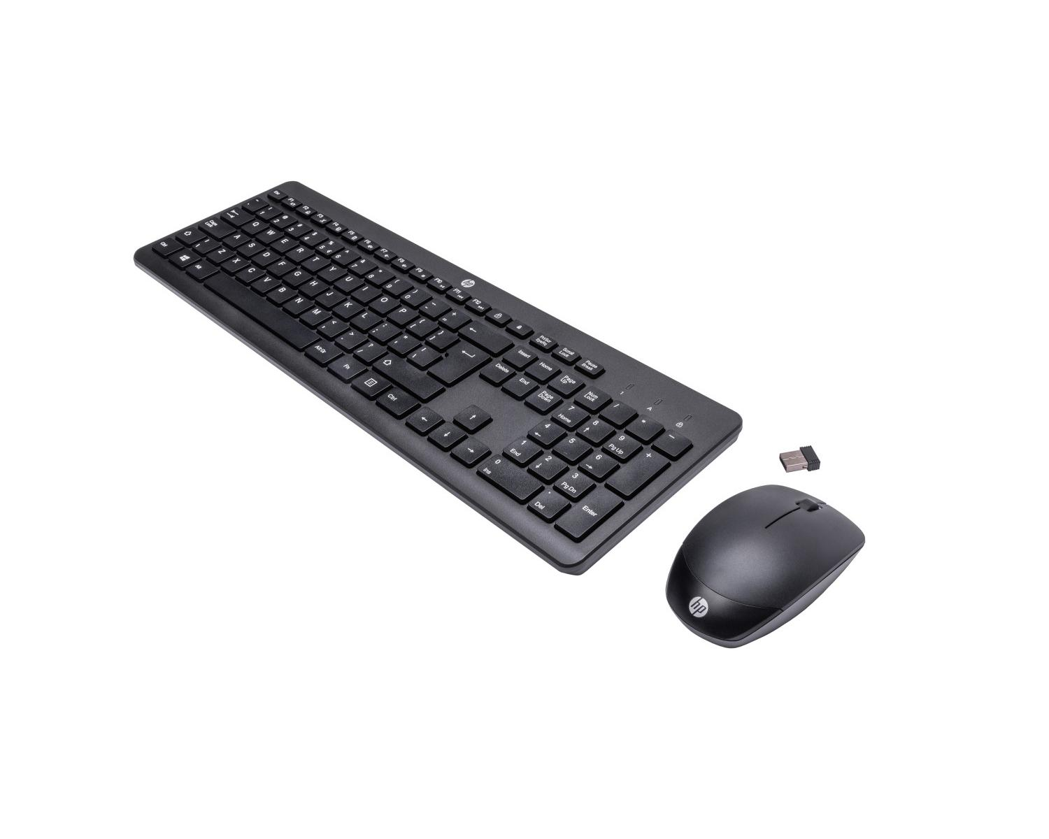 Czarna bezprzewodowa klawiatura HP, mysz i odbiornik USB na białym tle.