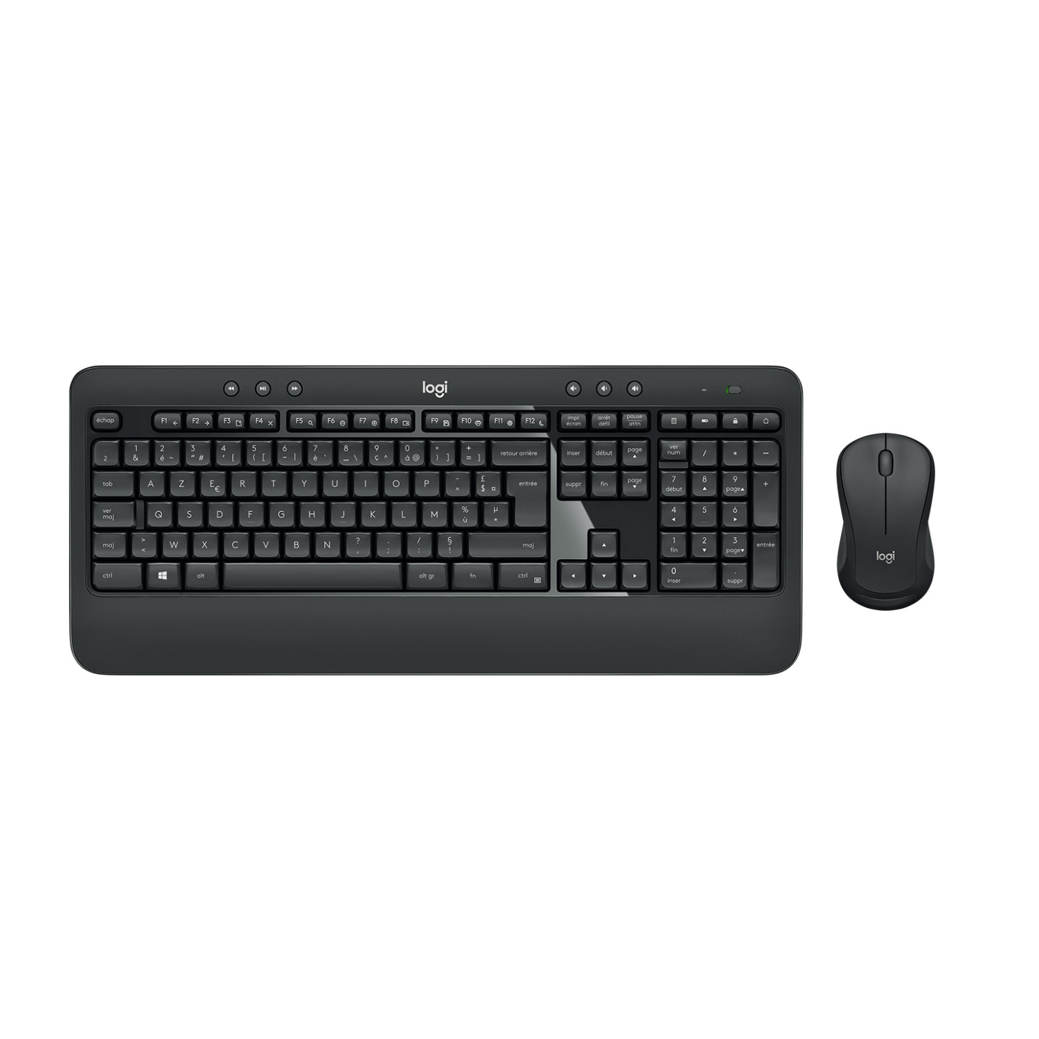 Set di tastiera e mouse wireless Logitech neri su sfondo bianco.