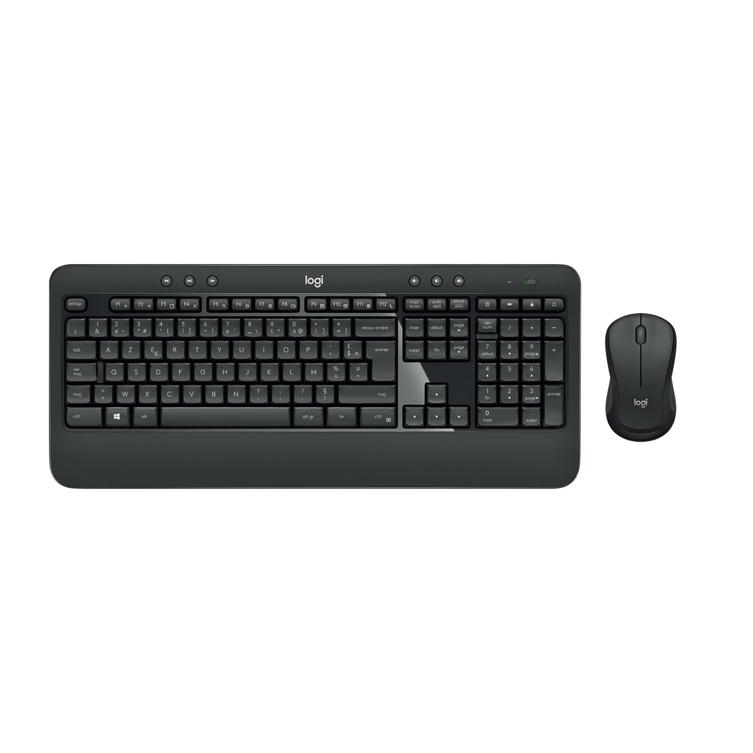 Un set di tastiera e mouse Logitech nero con layout AZERTY su sfondo bianco.