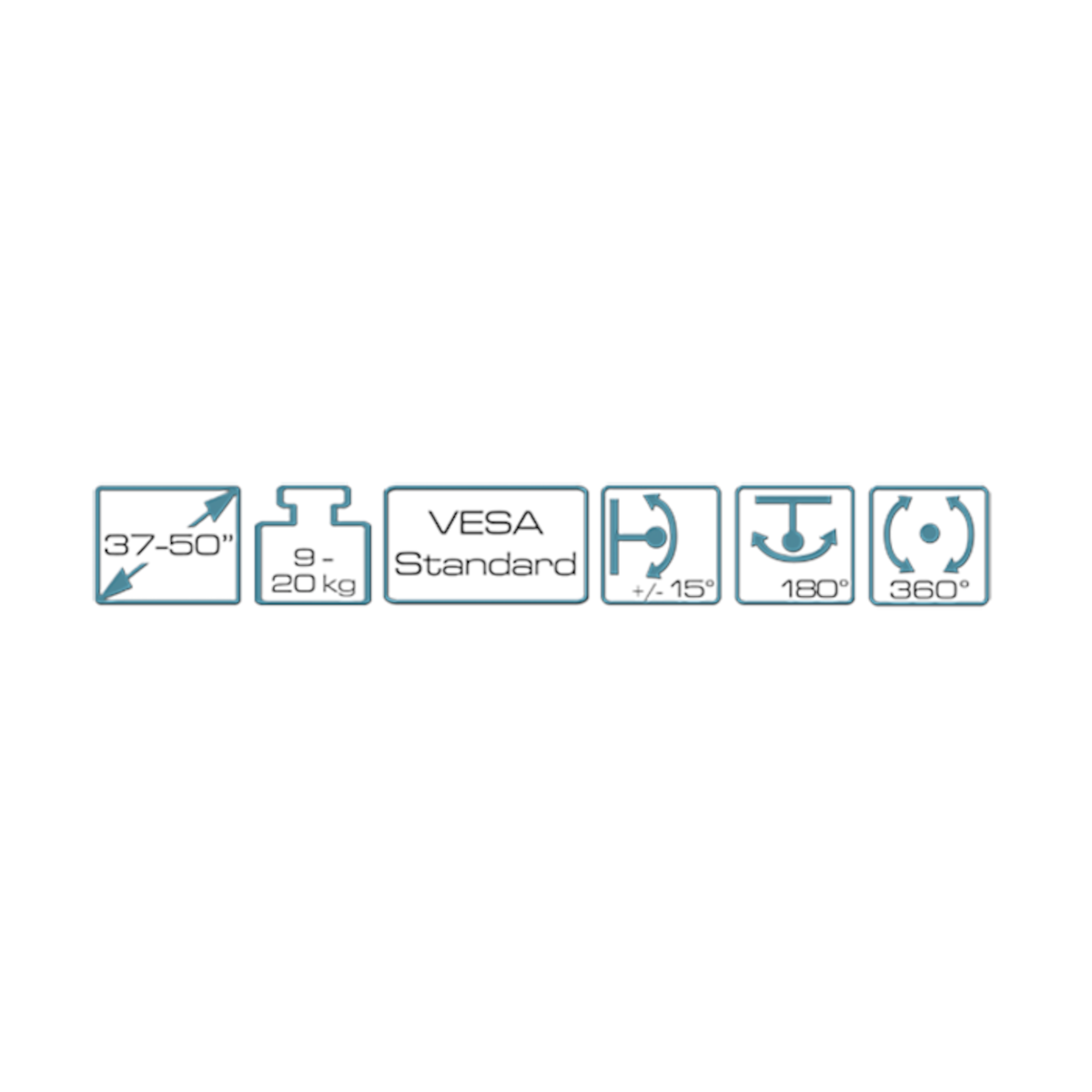 Sechs blaue Icons zeigen Produktspezifikationen wie Bildschirmgröße, Gewicht, VESA und Drehbarkeit auf weißem Grund.