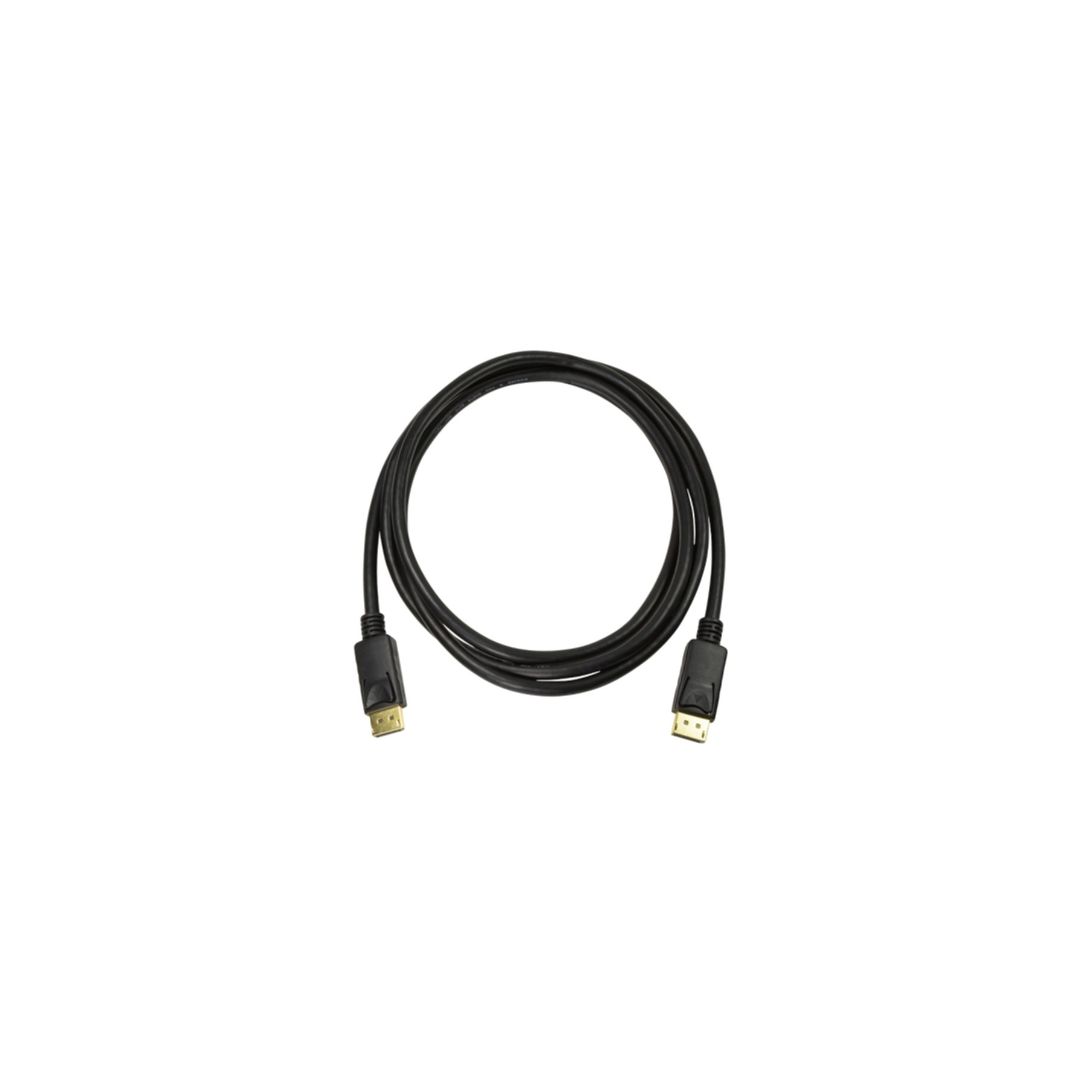 Un câble DisplayPort noir enroulé sur fond blanc.