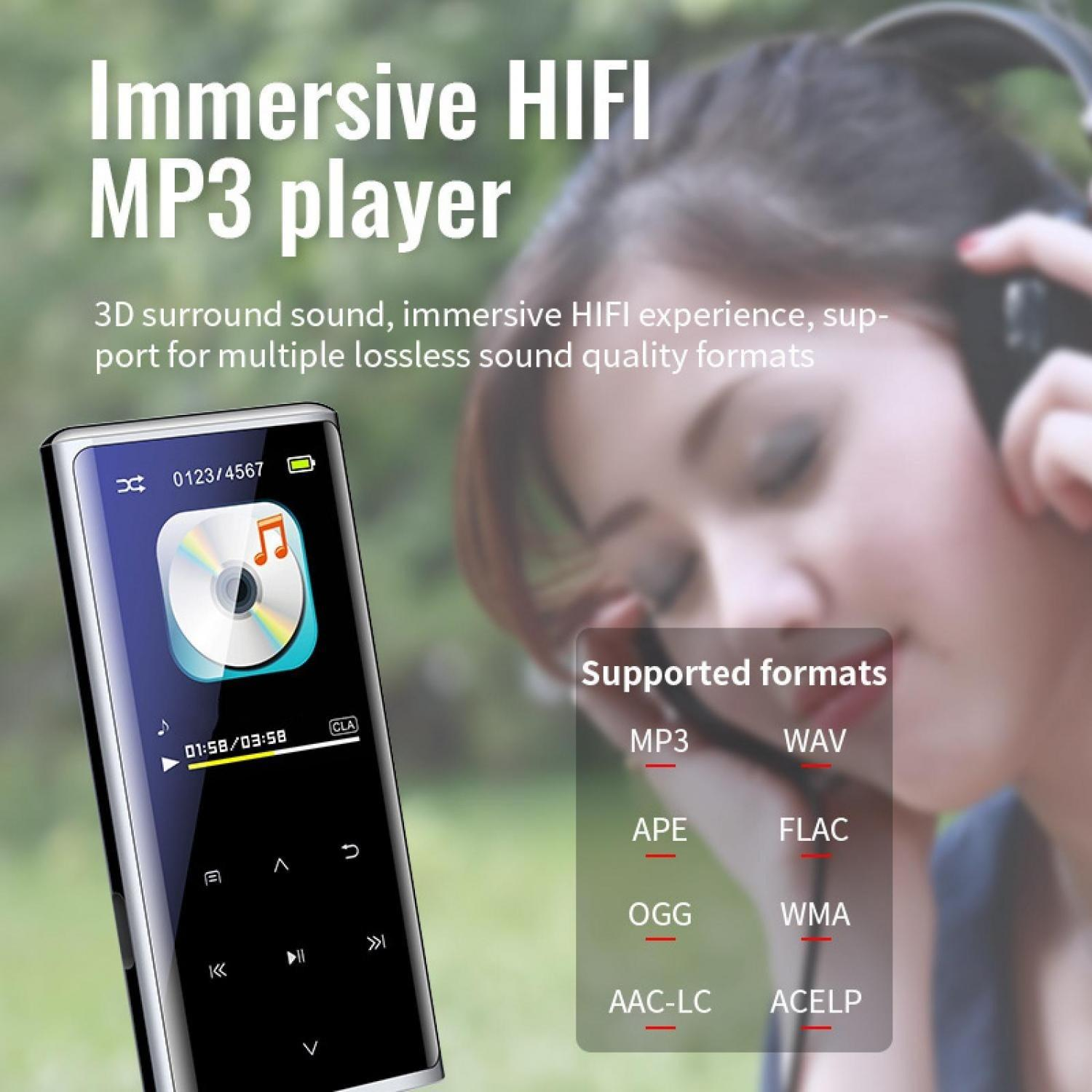 Tragbarer MP3-Player mit Musik-Icons und Text über unterstützte Formate im Hintergrund mit Kopfhörer-Nutzerin.