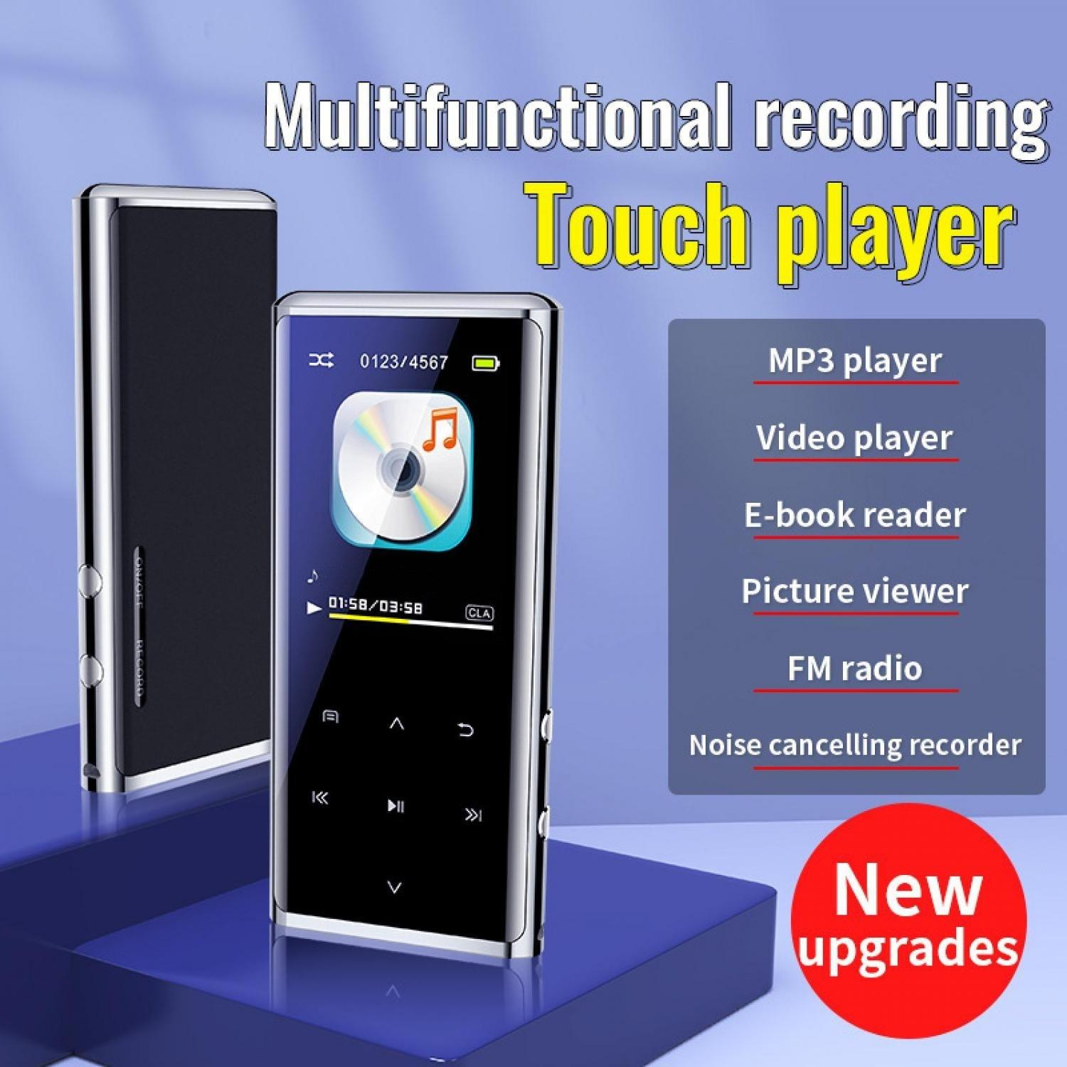 Werbebild für einen multifunktionalen Touch-MP3-Player mit Text und grauen und roten Funktionslisten.